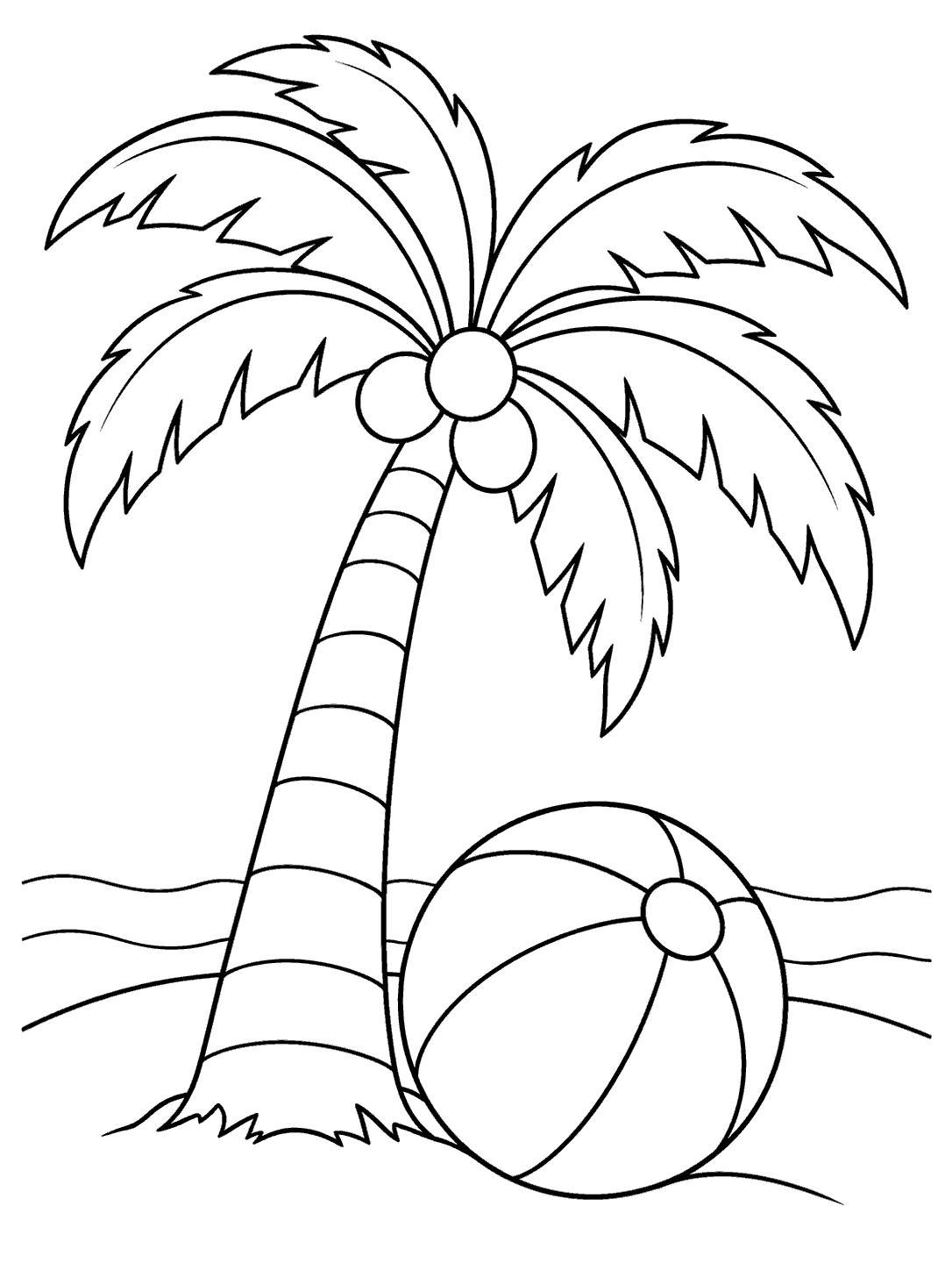 A panelled beach ball resting beside a palm tree with a curved shoreline behind it.