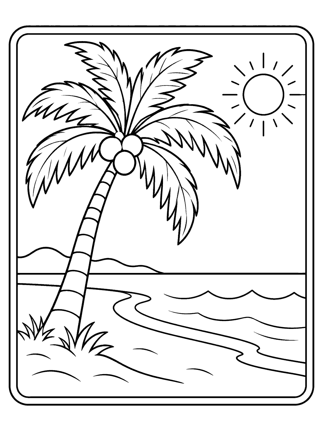 Palm tree, sun, and crescent beach inside a blank postcard frame