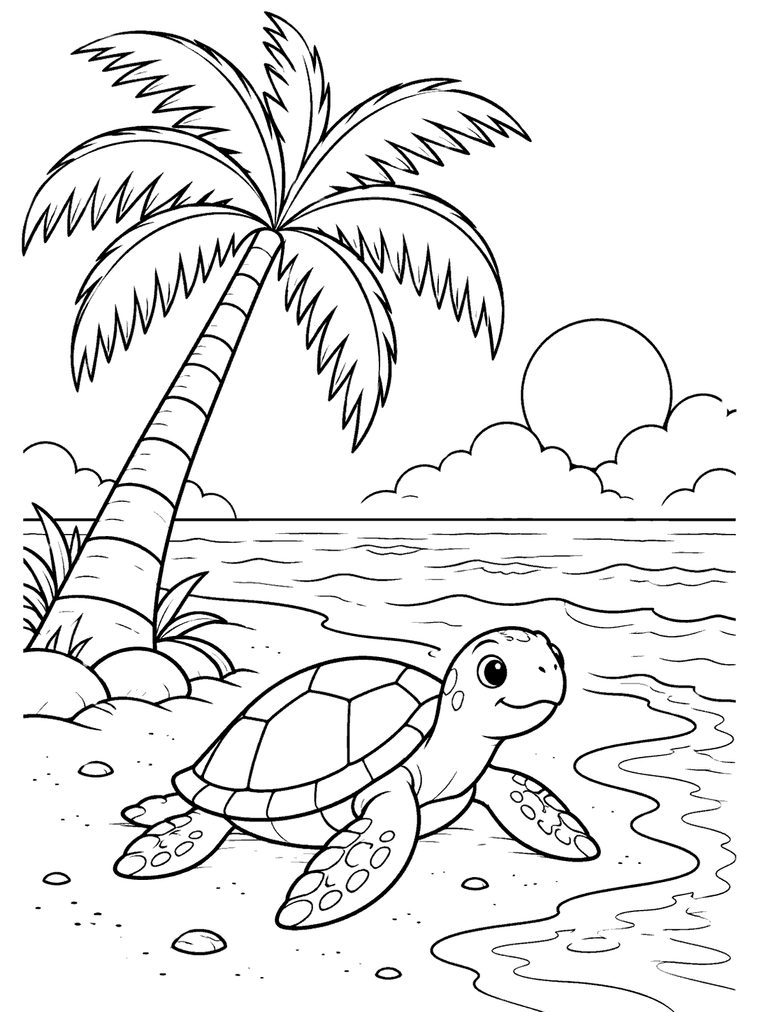 Sea turtle near a palm-lined beach