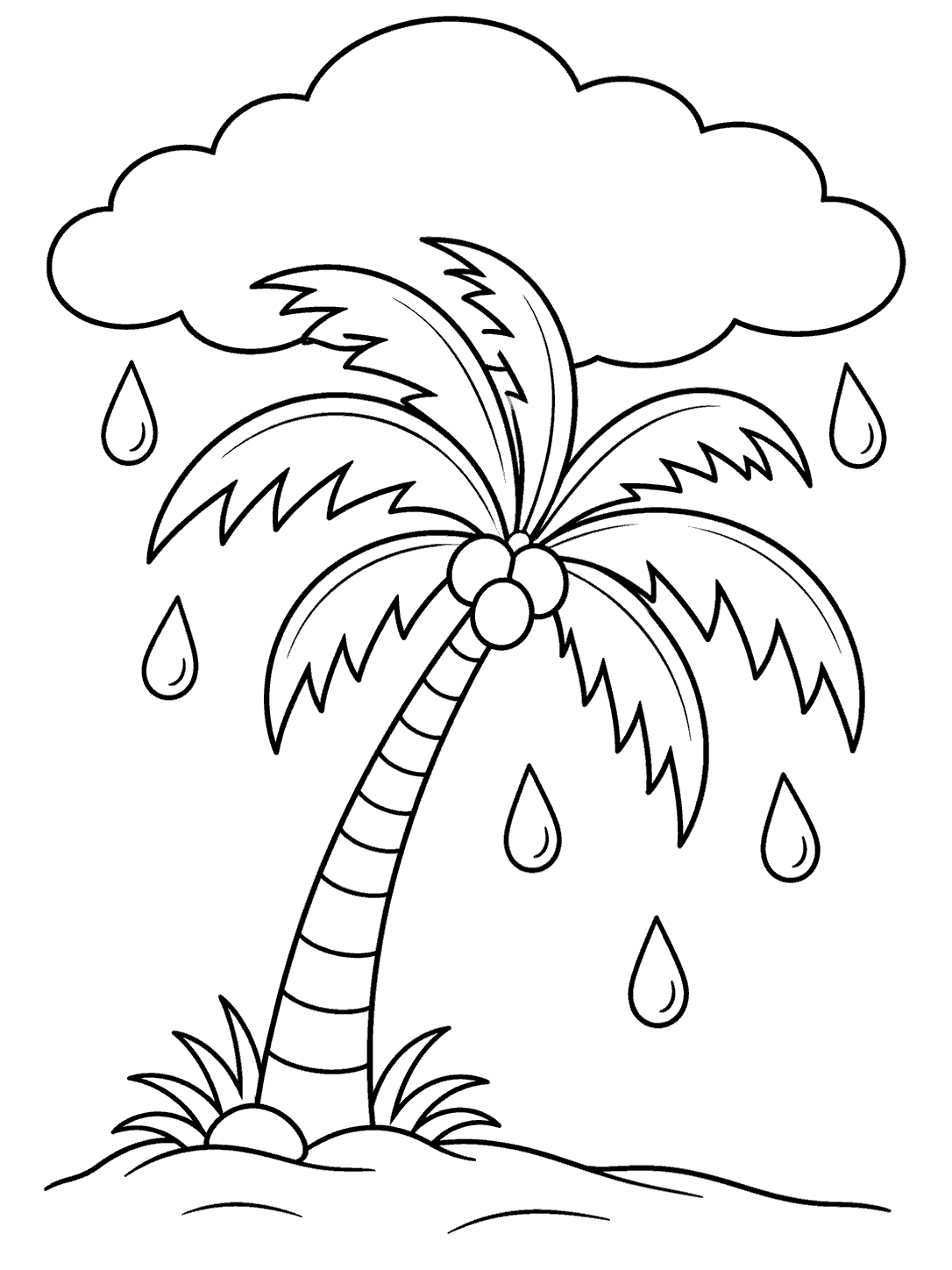 Black outline coloring page of a leaning palm tree beneath a large cloud with six raindrops.