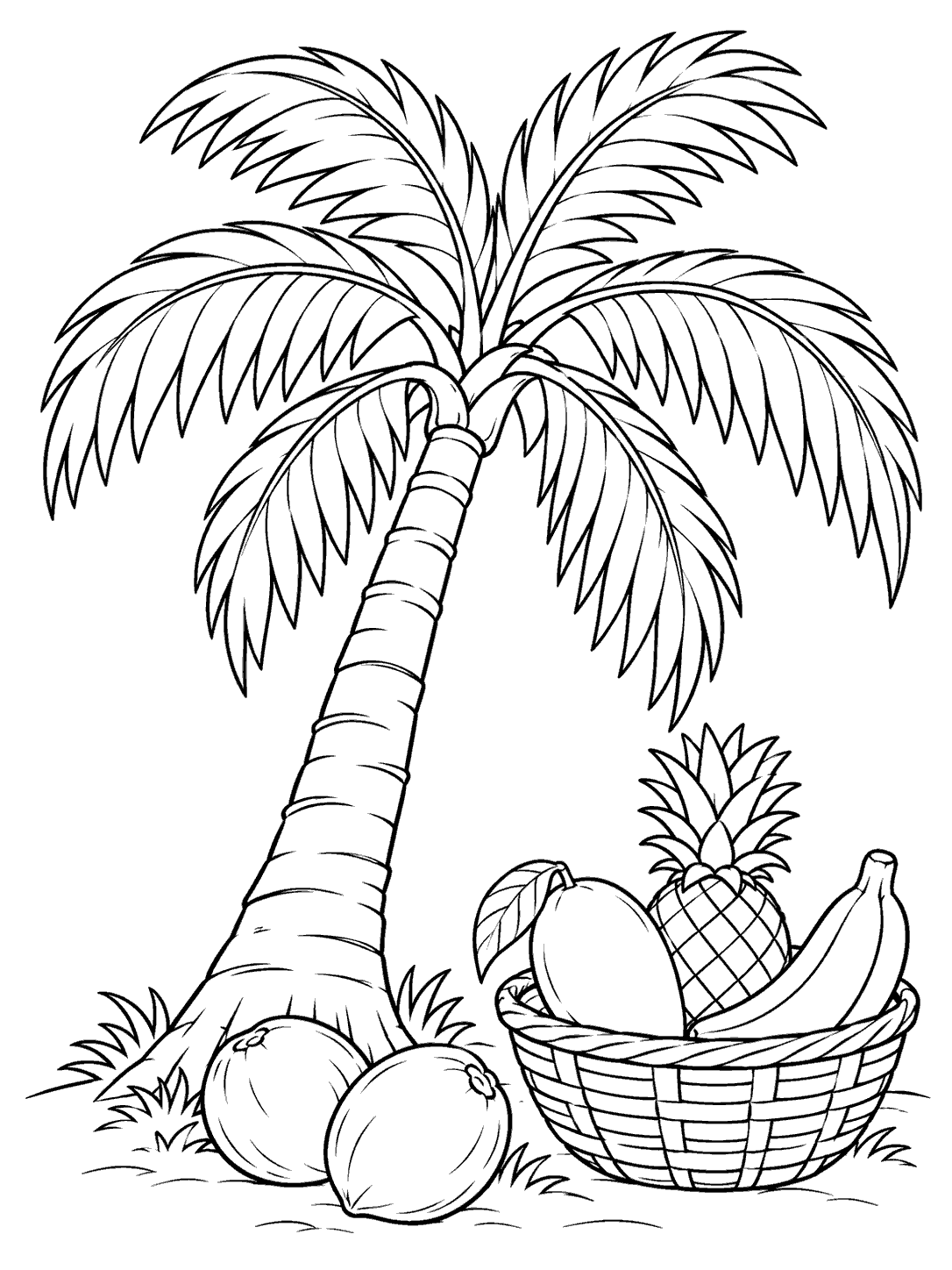 Black-and-white palm tree coloring page with two coconuts and a basket holding a mango, pineapple, and banana.