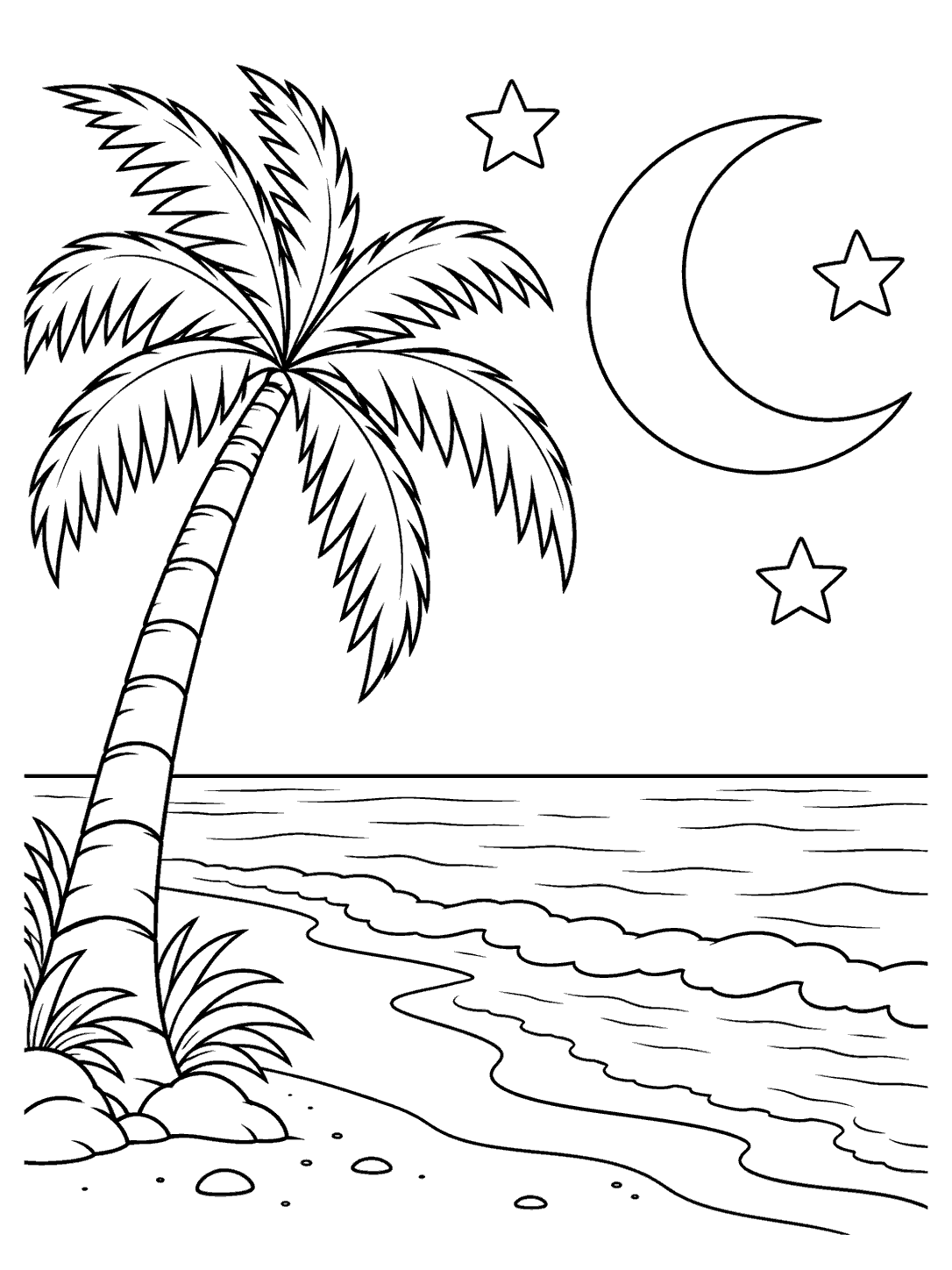 Black outline coloring page with a palm, crescent moon, three stars, and ocean shoreline