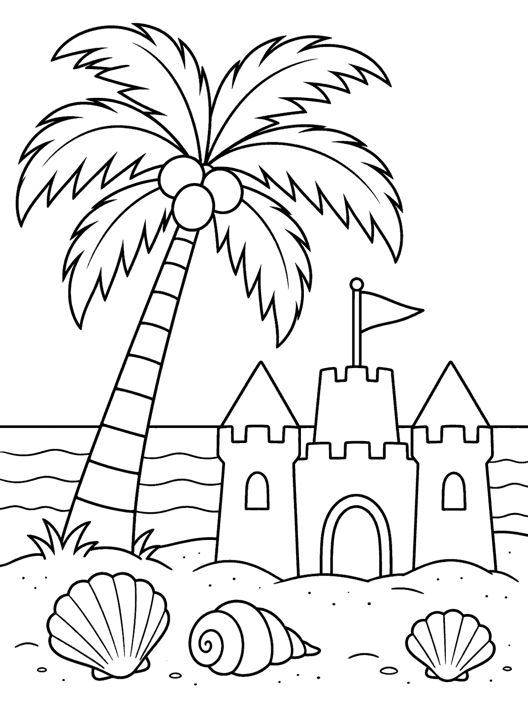 Palm tree beside a two-tower sandcastle with a flag and shells