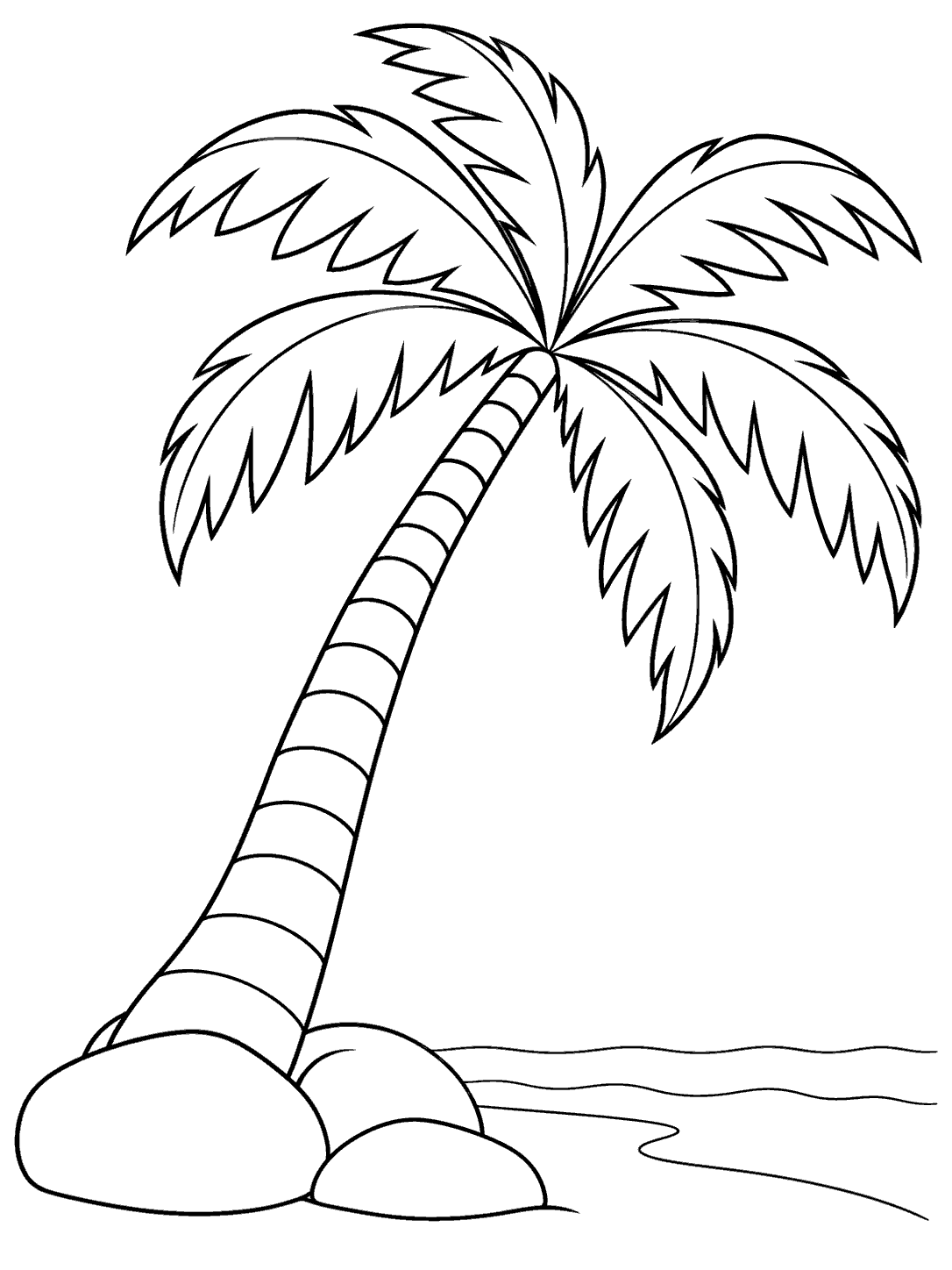 A curved palm tree with clearly separated fronds growing beside three rounded shoreline rocks.