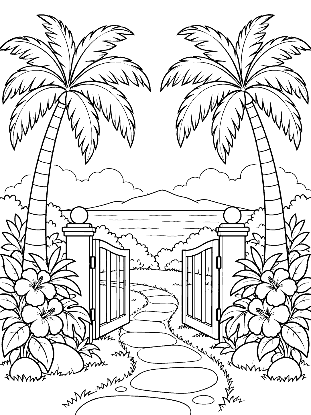 Two palm trees frame an open garden gate and a curving garden path.