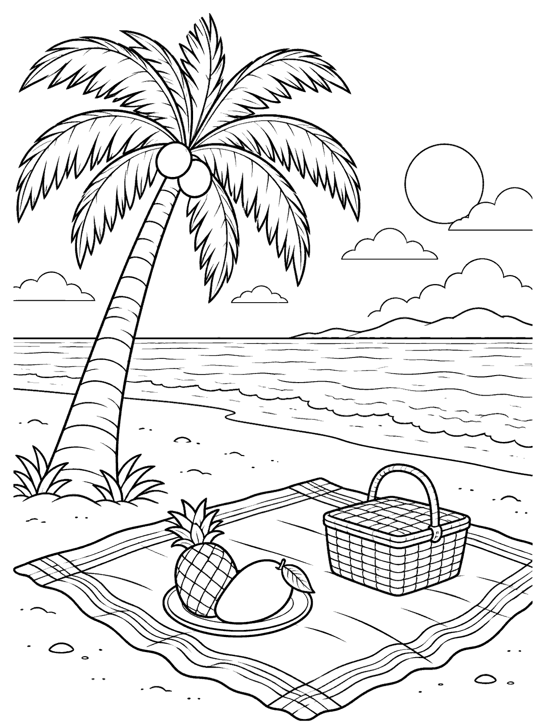 A palm tree beside a folded-edge picnic blanket with a basket and plate of two fruits on the beach