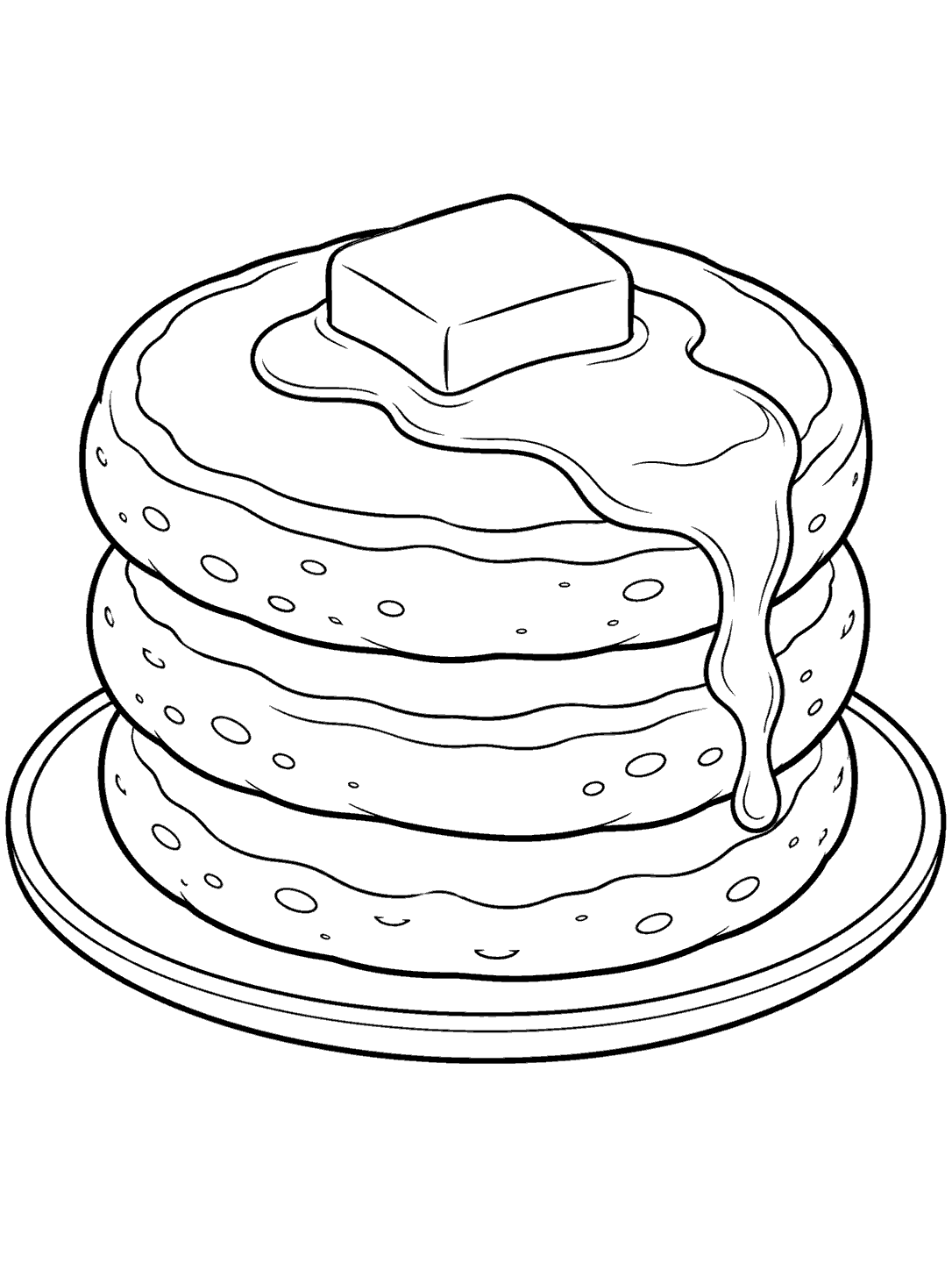 Black-outline coloring page of a tall three-pancake stack on a plate with butter and dripping syrup