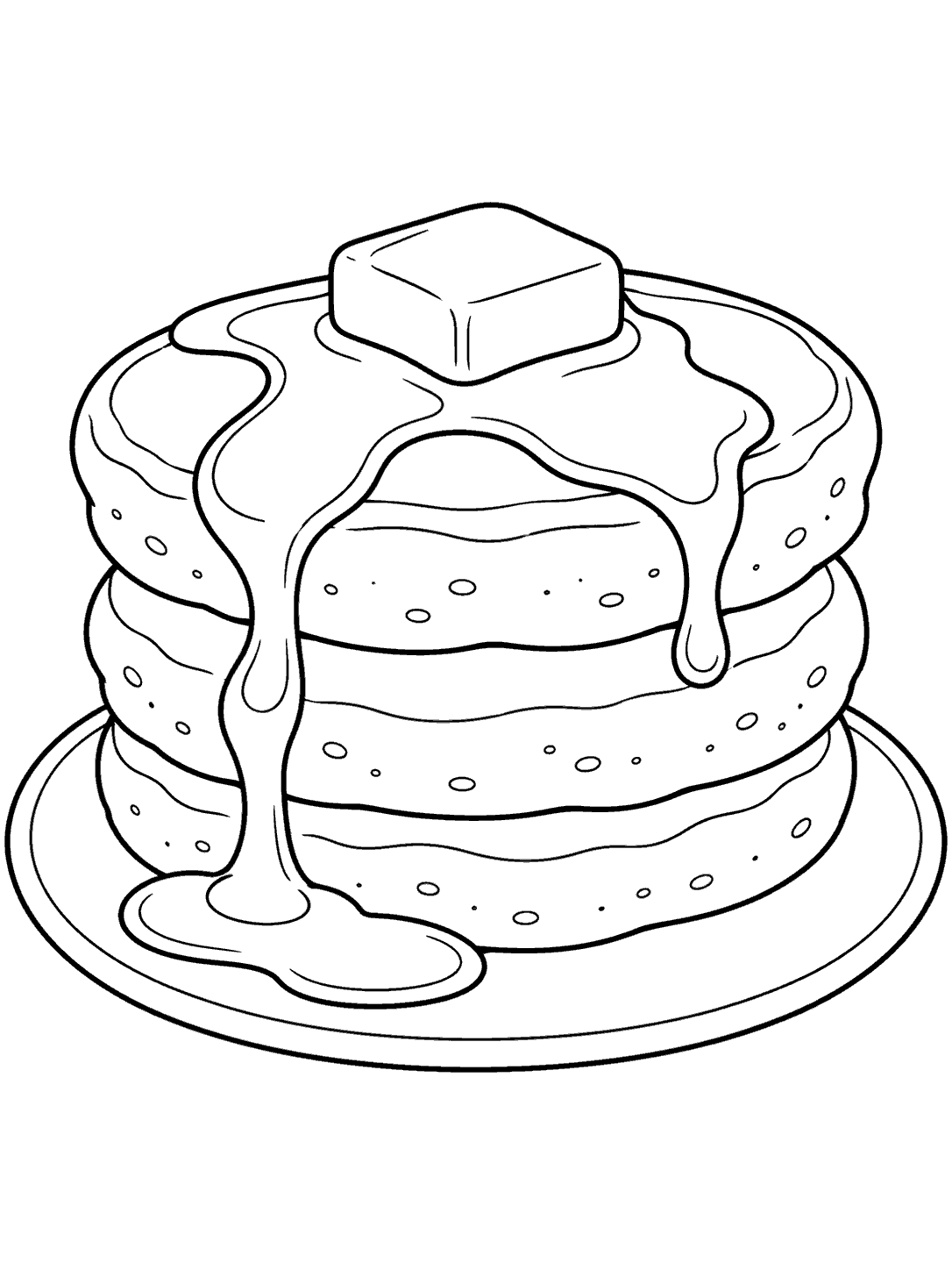 Black-outline coloring page of three pancakes stacked on a plate with syrup drizzling over the sides.