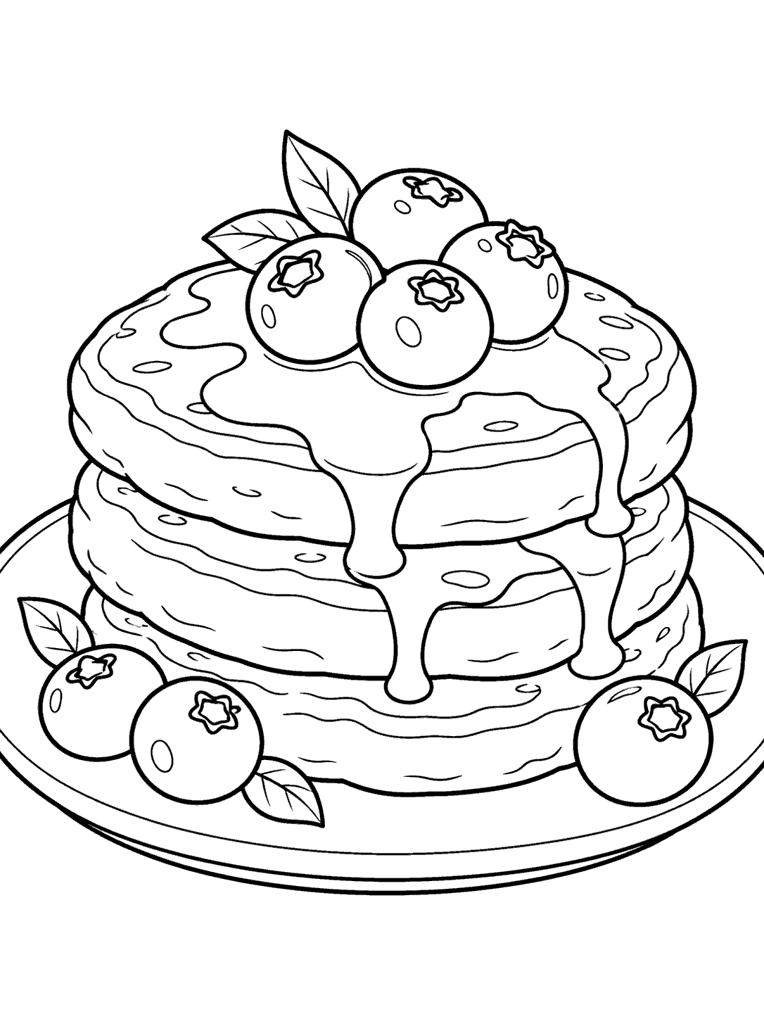 Black-outline coloring page of a three-pancake stack topped with blueberries on an oval plate.