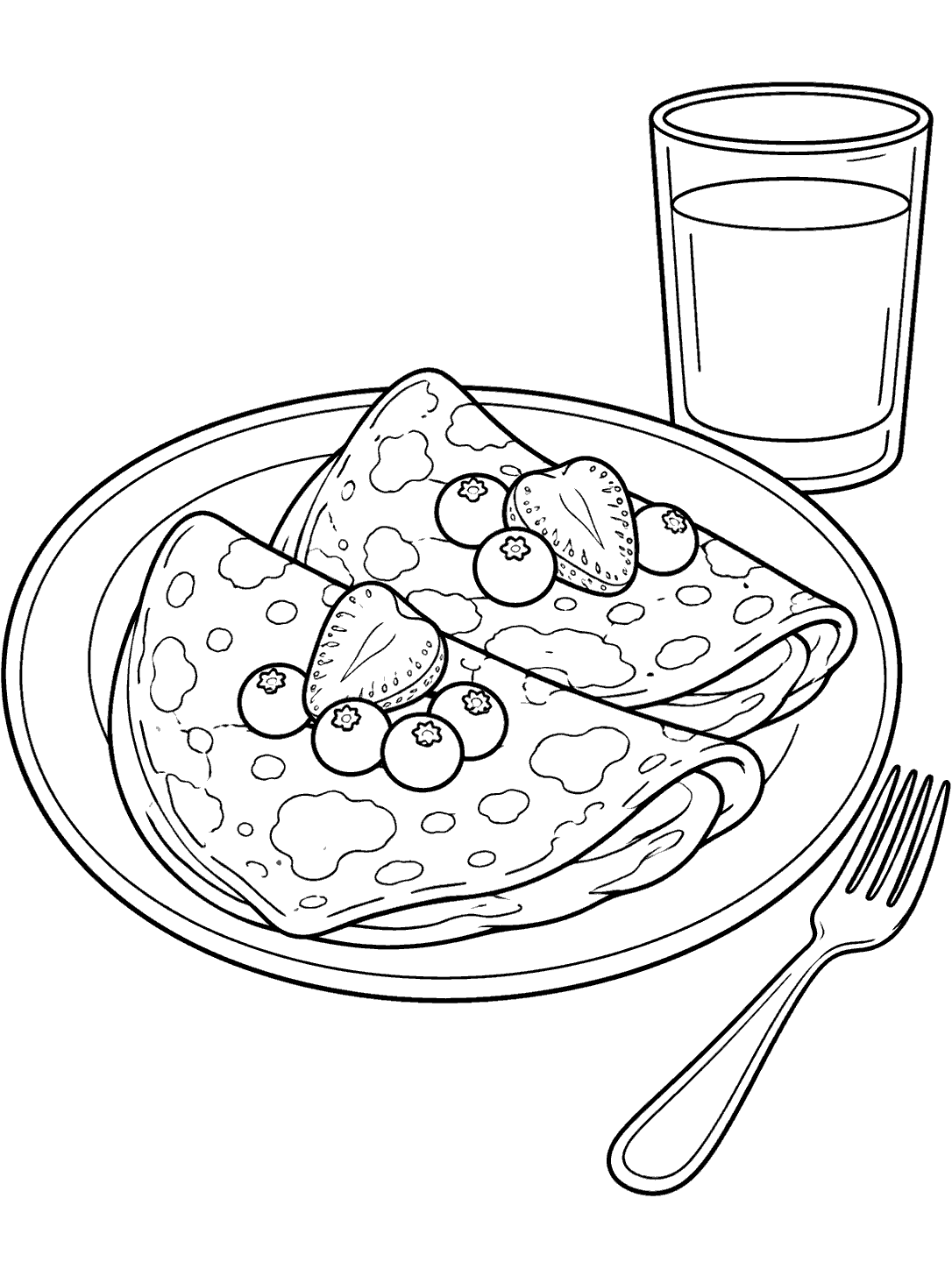 Black-line coloring page showing two folded pancakes with berries on a large plate, a fork beside it, and a glass of juice behind it.