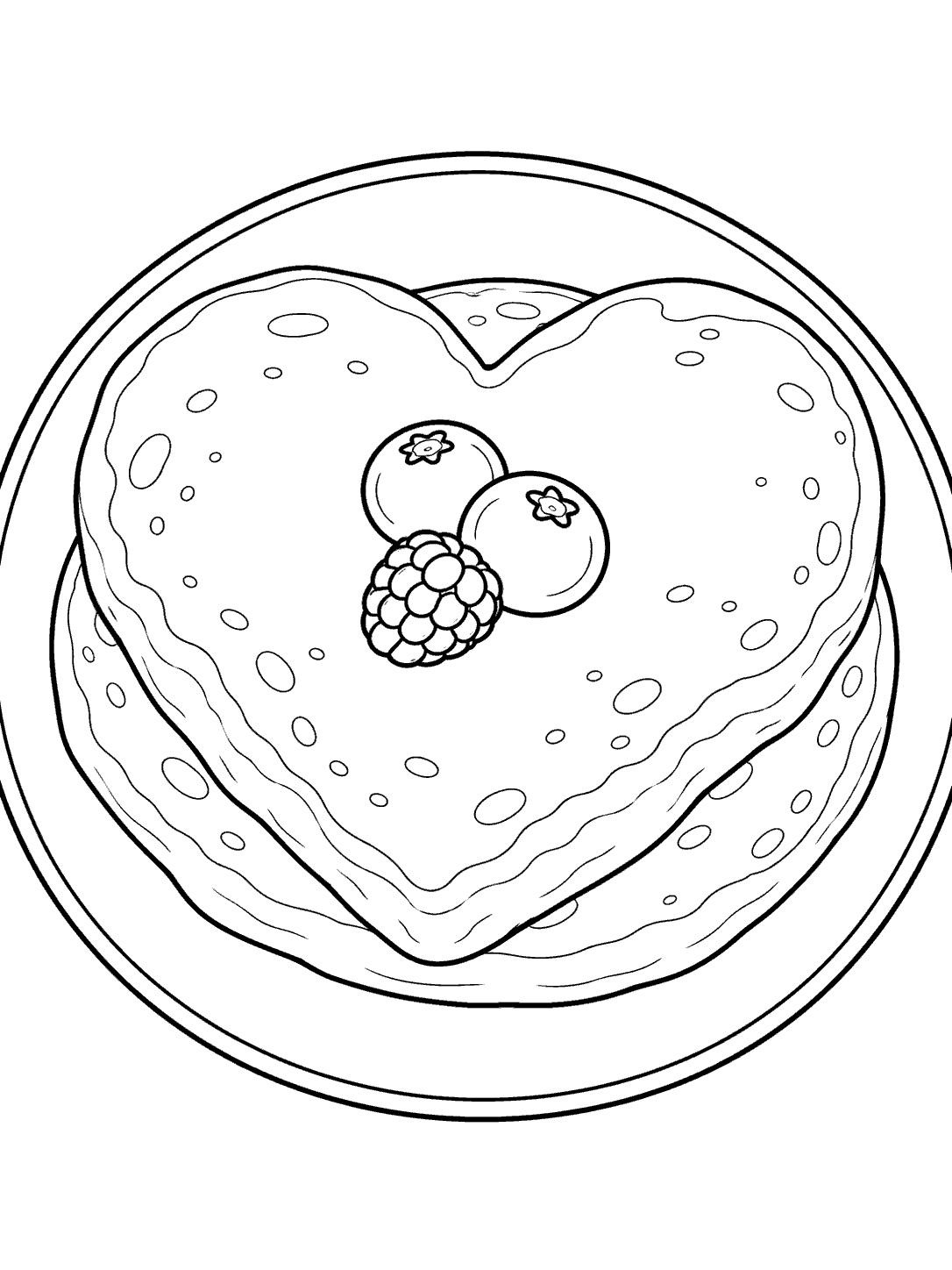 Heart-shaped pancake coloring page with three berries on a round plate and a smaller pancake beneath.