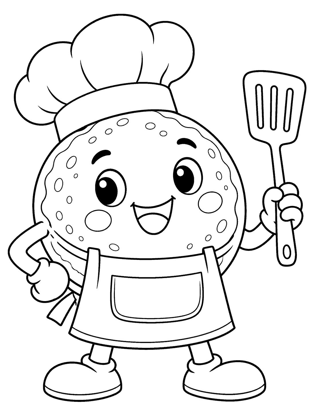 Black-outline coloring page of a cheerful pancake chef in a toque and apron, holding a spatula upright.