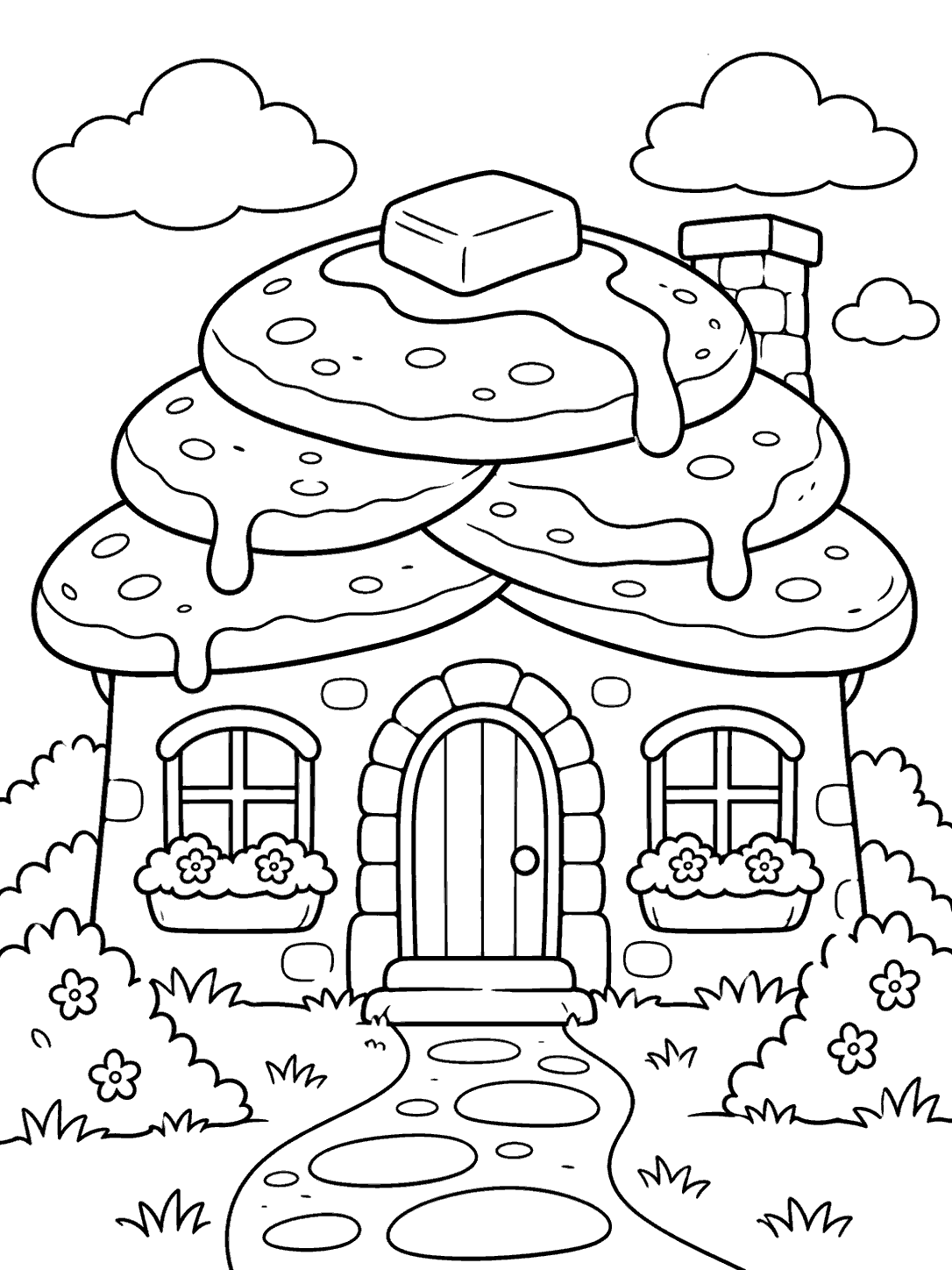 Black-and-white coloring page of a cottage with a three-pancake roof, butter pat, two windows, a door, flowers, clouds, and a winding path.