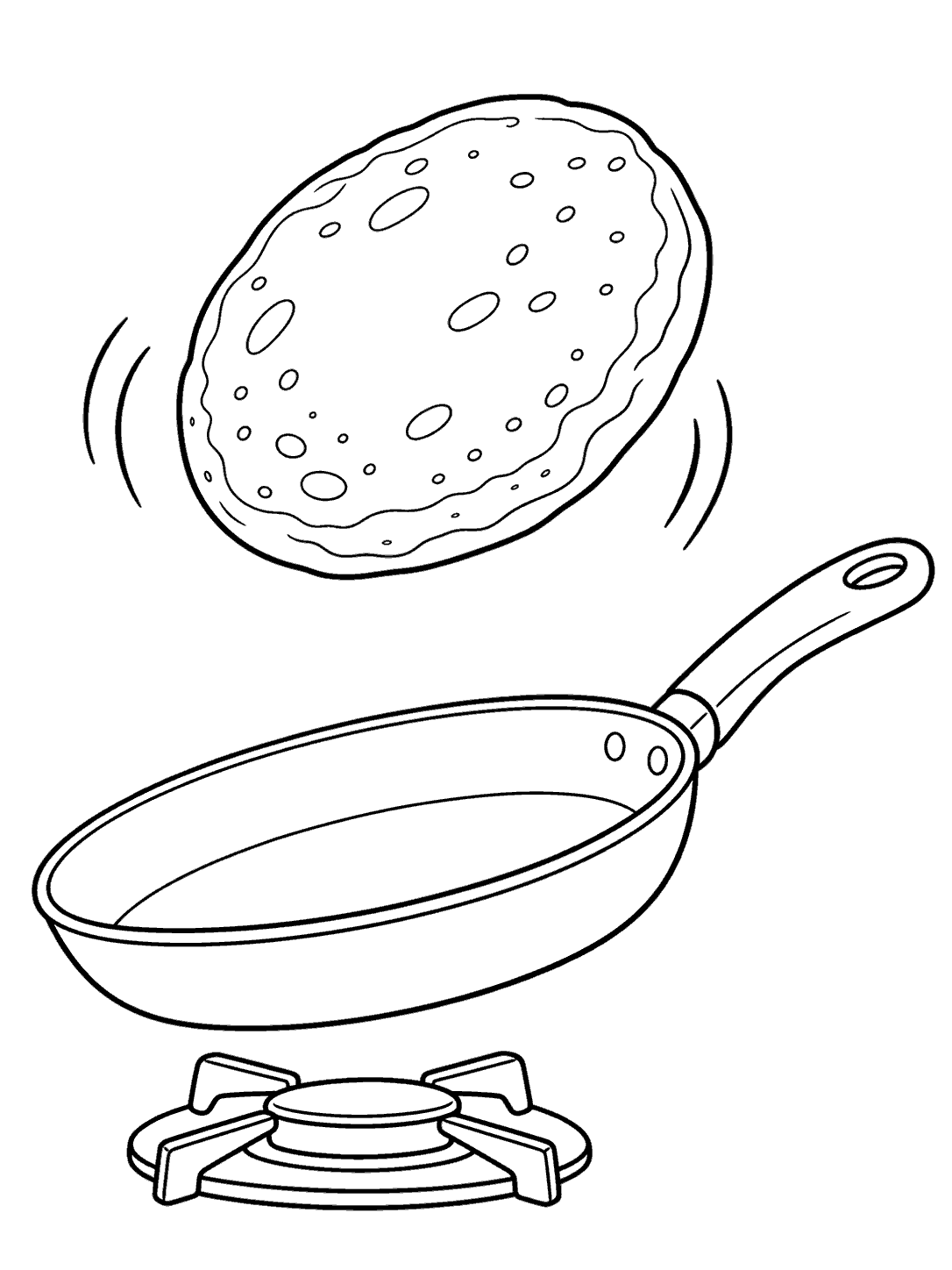 Pancake flip coloring page with a pancake, frying pan, and burner