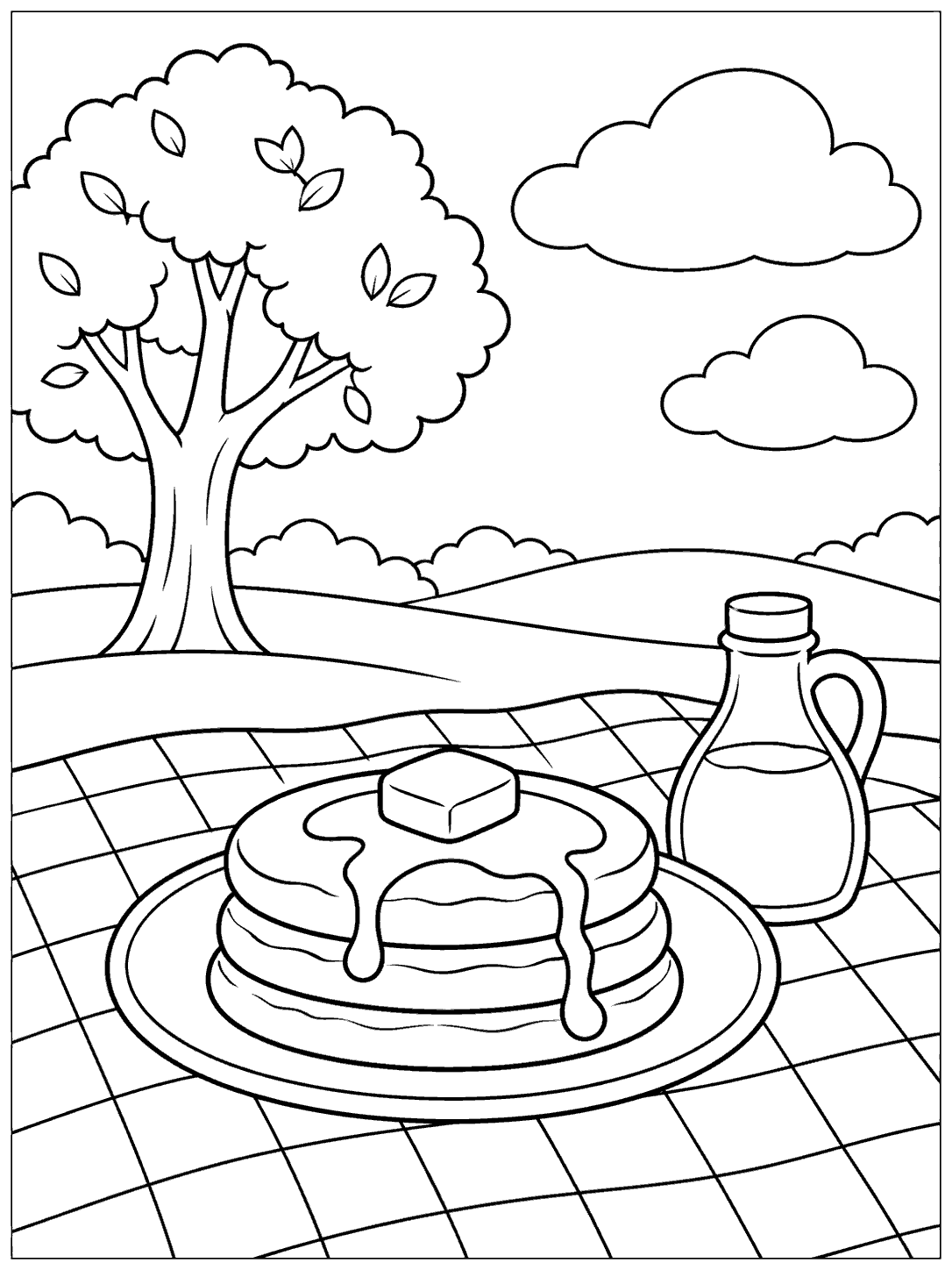 Black-and-white pancake picnic coloring page with three pancakes on a plate, a syrup bottle, a gingham blanket, leafy tree, and two clouds.