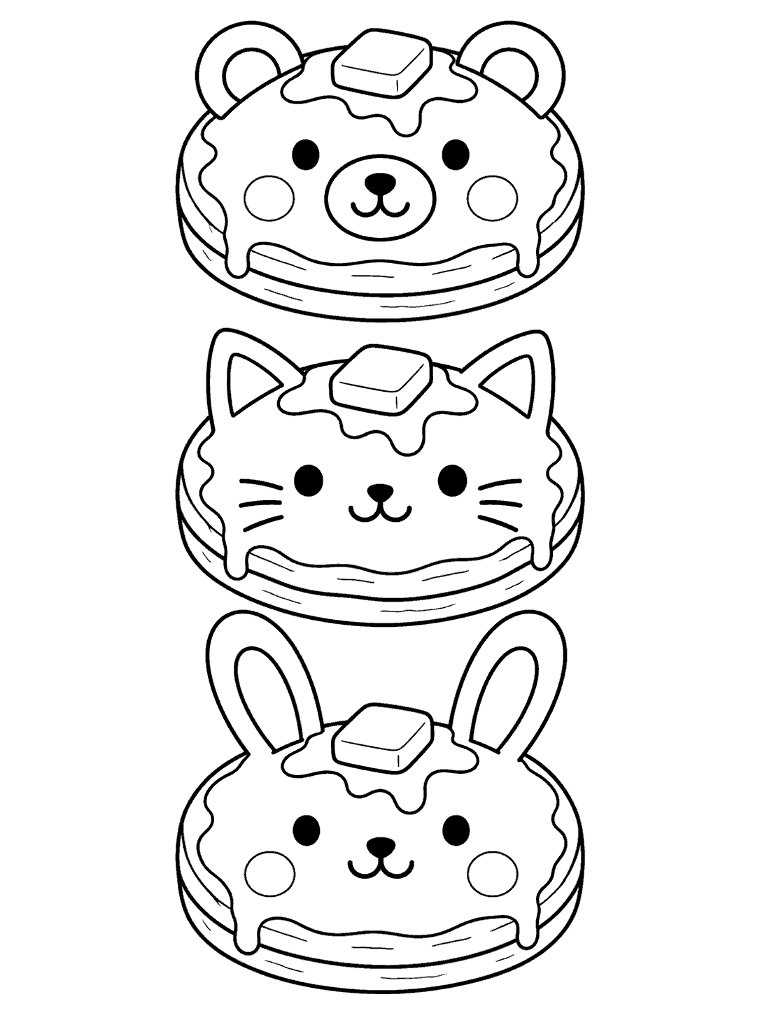 Black-and-white pancake coloring page with bear, cat, and bunny faces stacked vertically