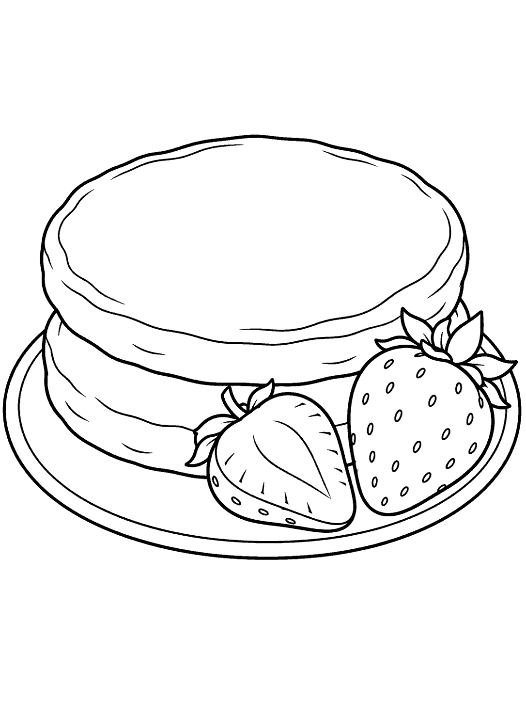 Black-line coloring page of two pancakes on a plate with a whole strawberry and a halved strawberry.