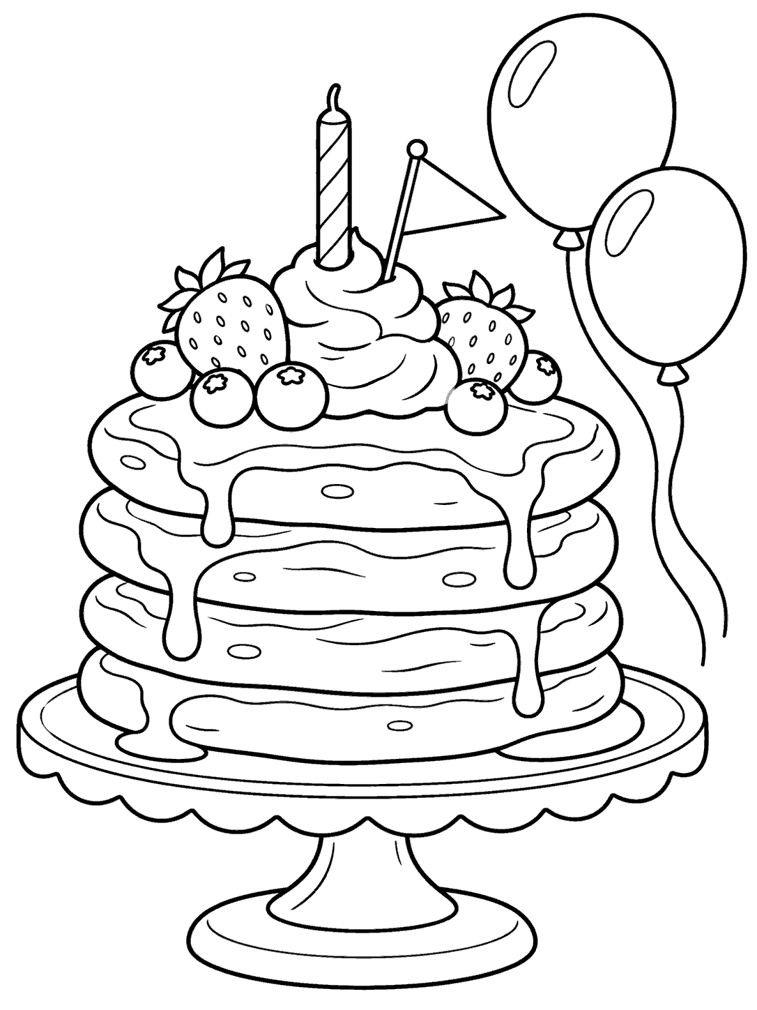 Black-and-white pancake tower coloring page with berries, a candle, a flag, and two balloons.