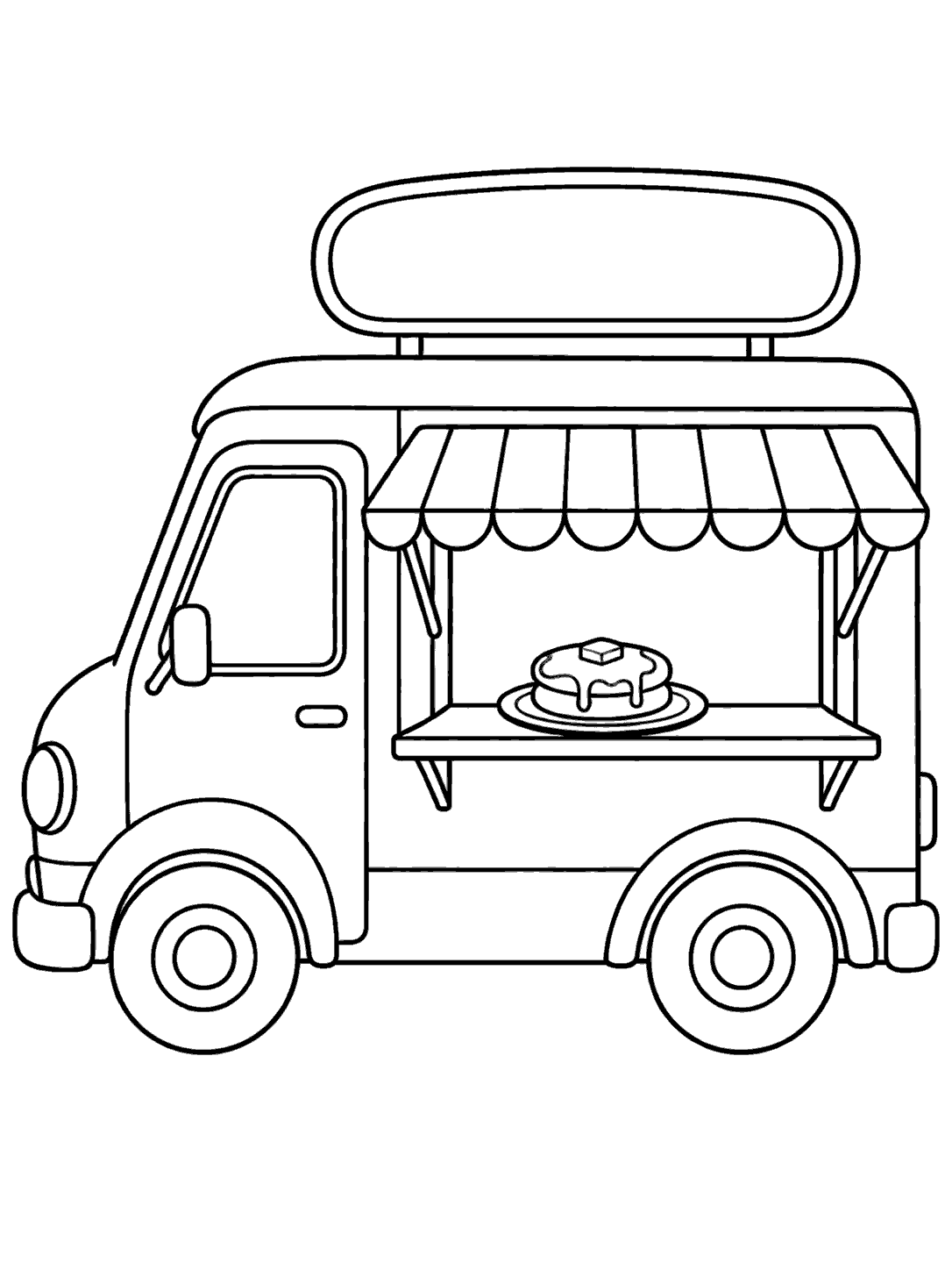Black-and-white coloring page of a side-view food truck with an awning and a plate of pancakes at the serving window.