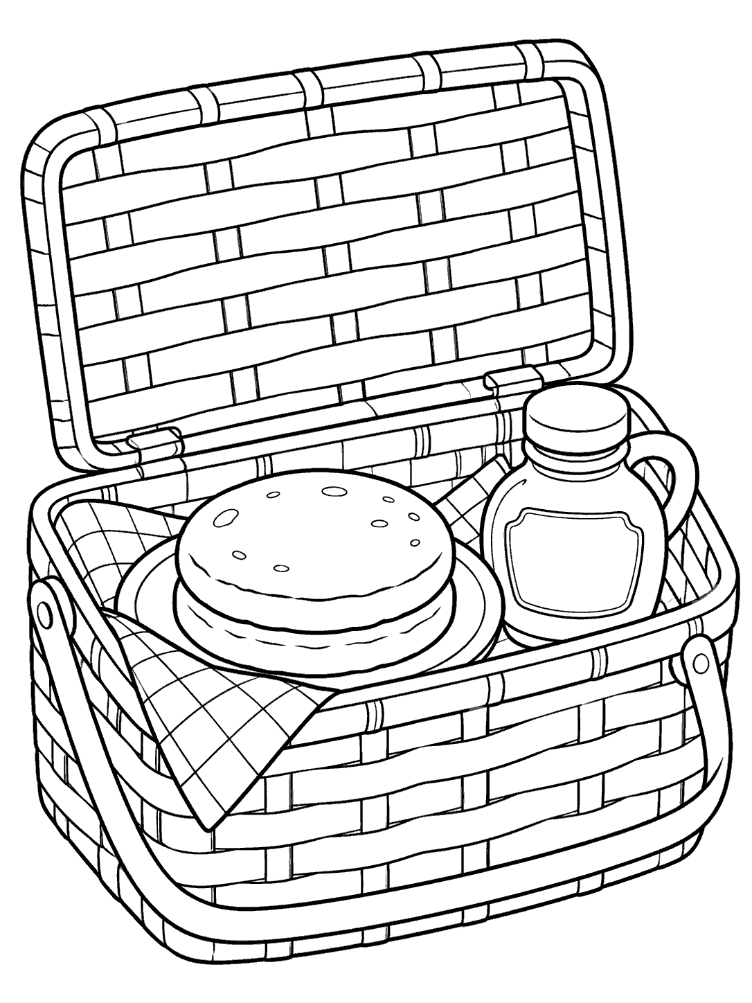 Open picnic basket with two pancakes on a plate, a blank-label syrup jar, and folded cloth, drawn in black outlines for coloring.