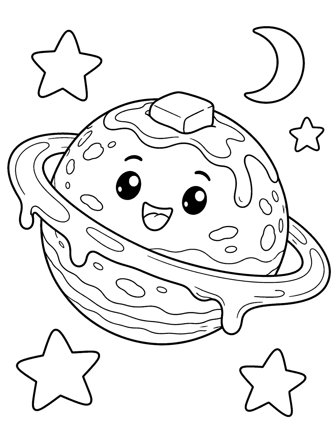Portrait coloring page of a smiling pancake planet with a syrup ring, butter pat, stars, and crescent moon.