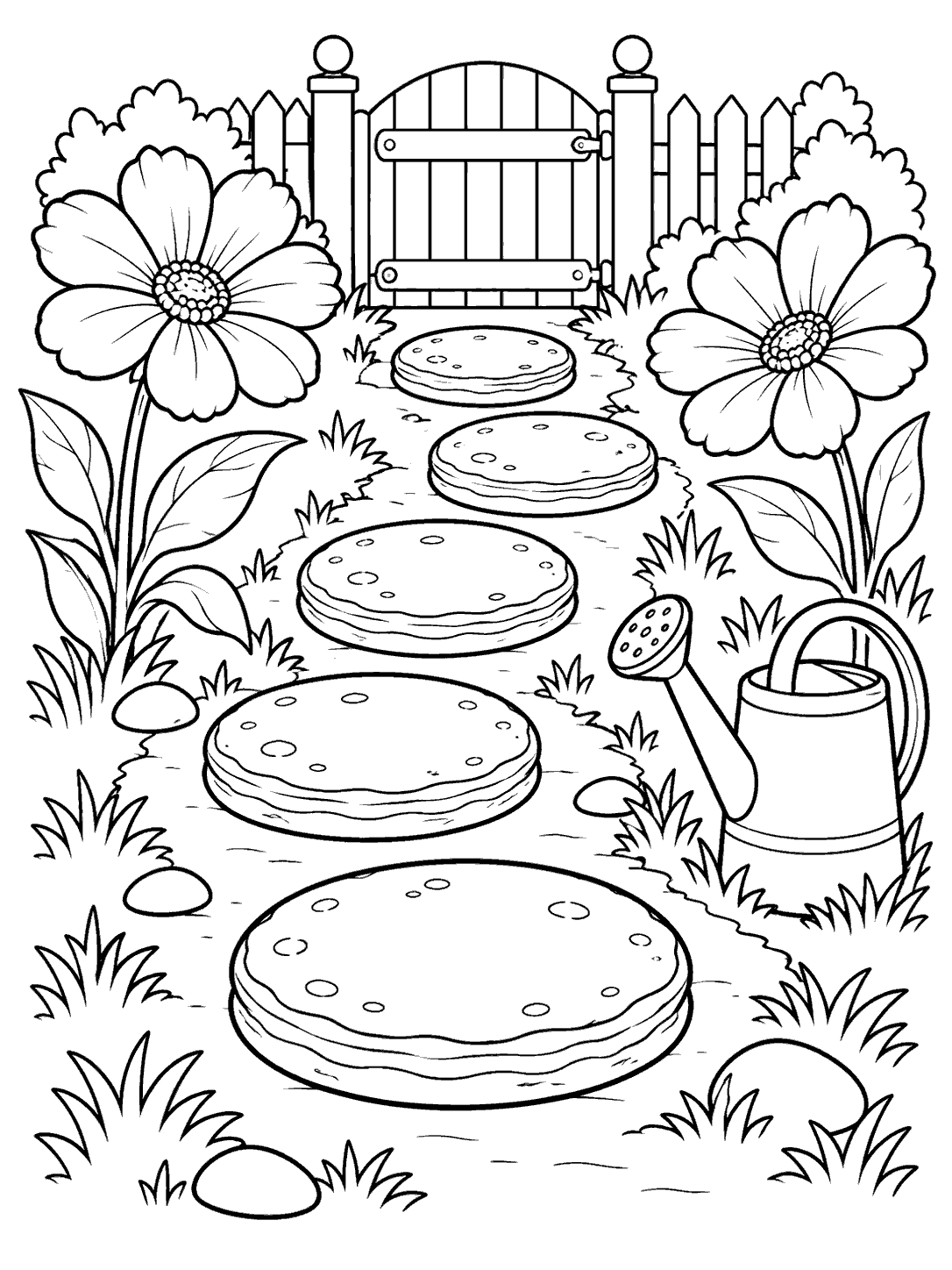 Black and white pancake garden coloring page with five pancake stepping stones, two large flowers, a watering can, and a garden gate.