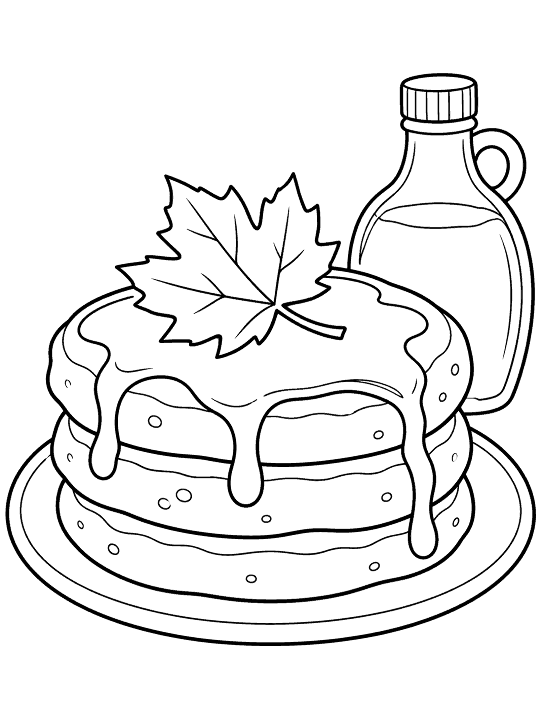 Black-outline coloring page of three pancakes topped with a broad maple leaf, with a syrup bottle beside the plate.