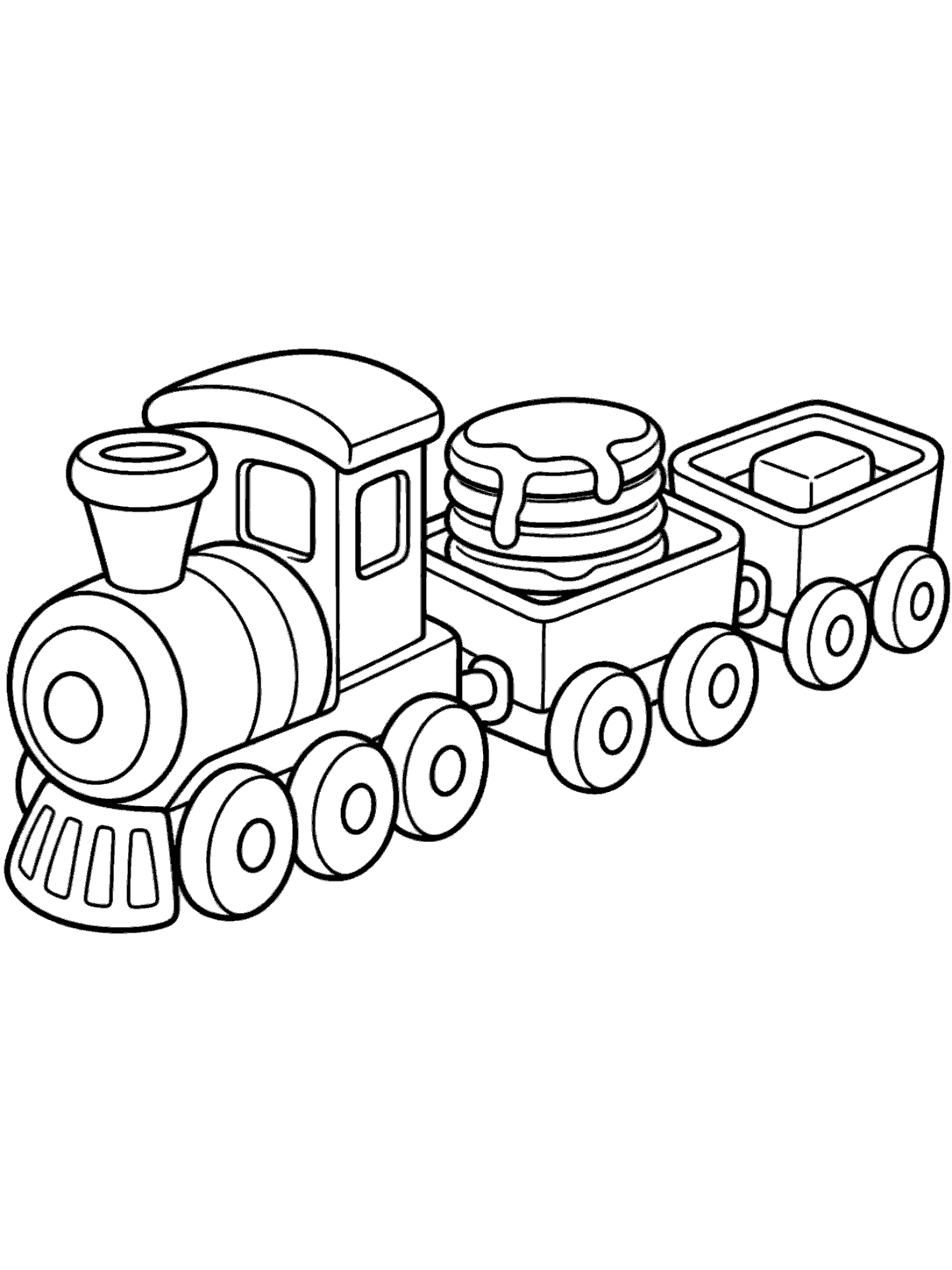 Black-outline coloring page showing a toy locomotive pulling two wagons, one loaded with pancakes and the other with a butter pat.