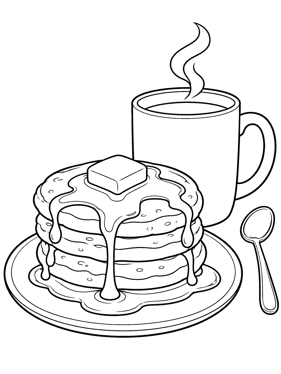 Pancake stack with syrup, a steaming coffee mug, and a spoon coloring page