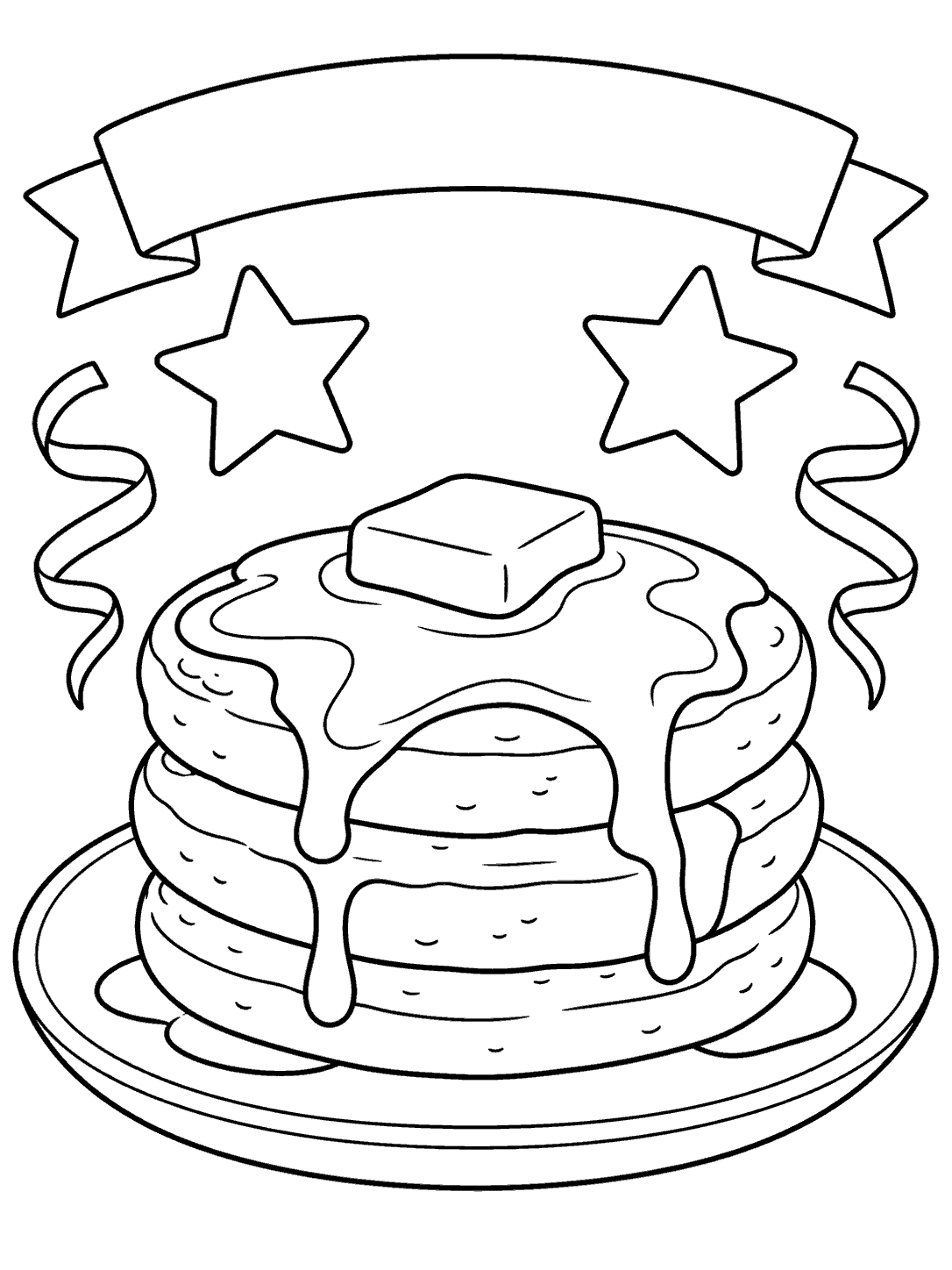 Black-outline pancake stack on a plate beneath a blank banner with two stars and curling streamers.