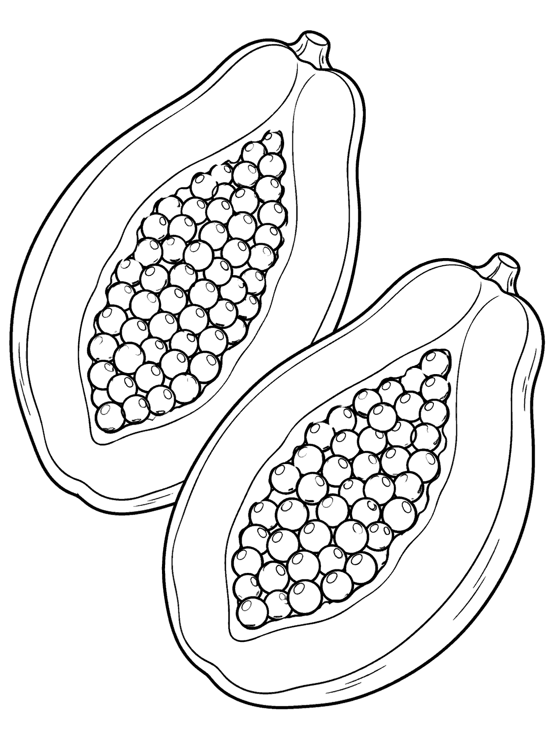 Two lengthwise papaya halves with visible seeds coloring page