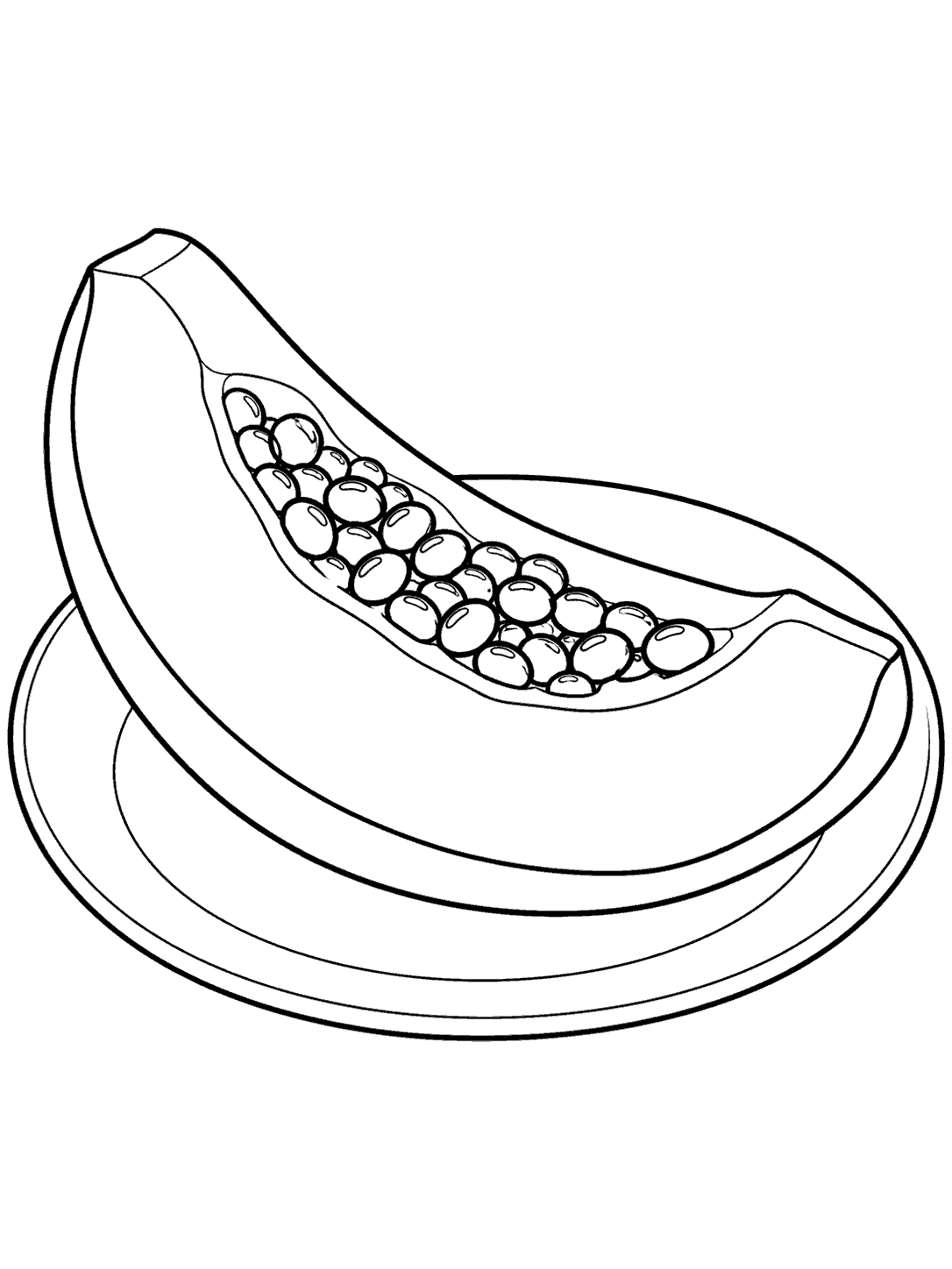 Black-outline papaya wedge with visible seeds resting on a round plate coloring page