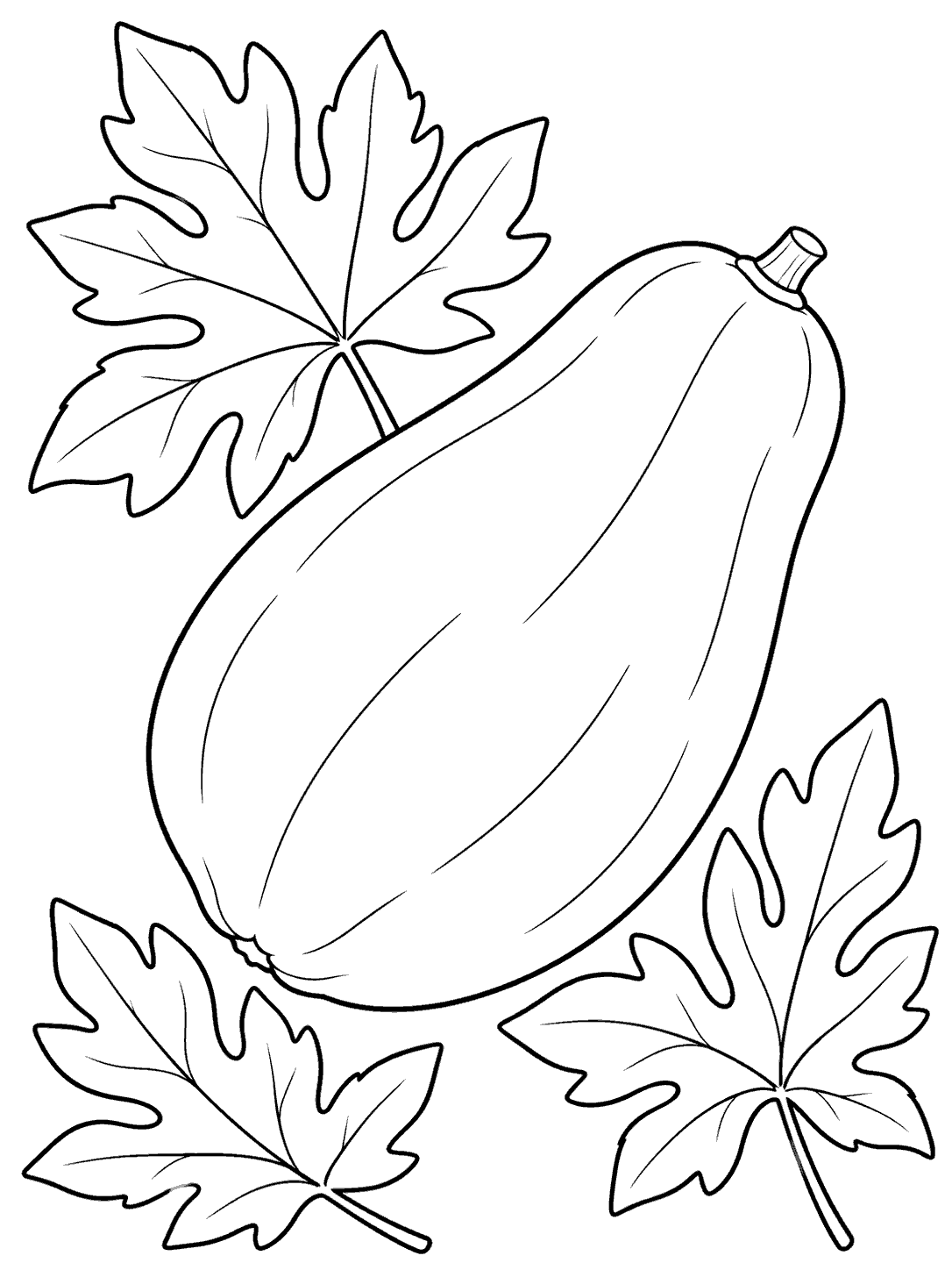 One whole papaya framed by three tropical leaves on a coloring page.