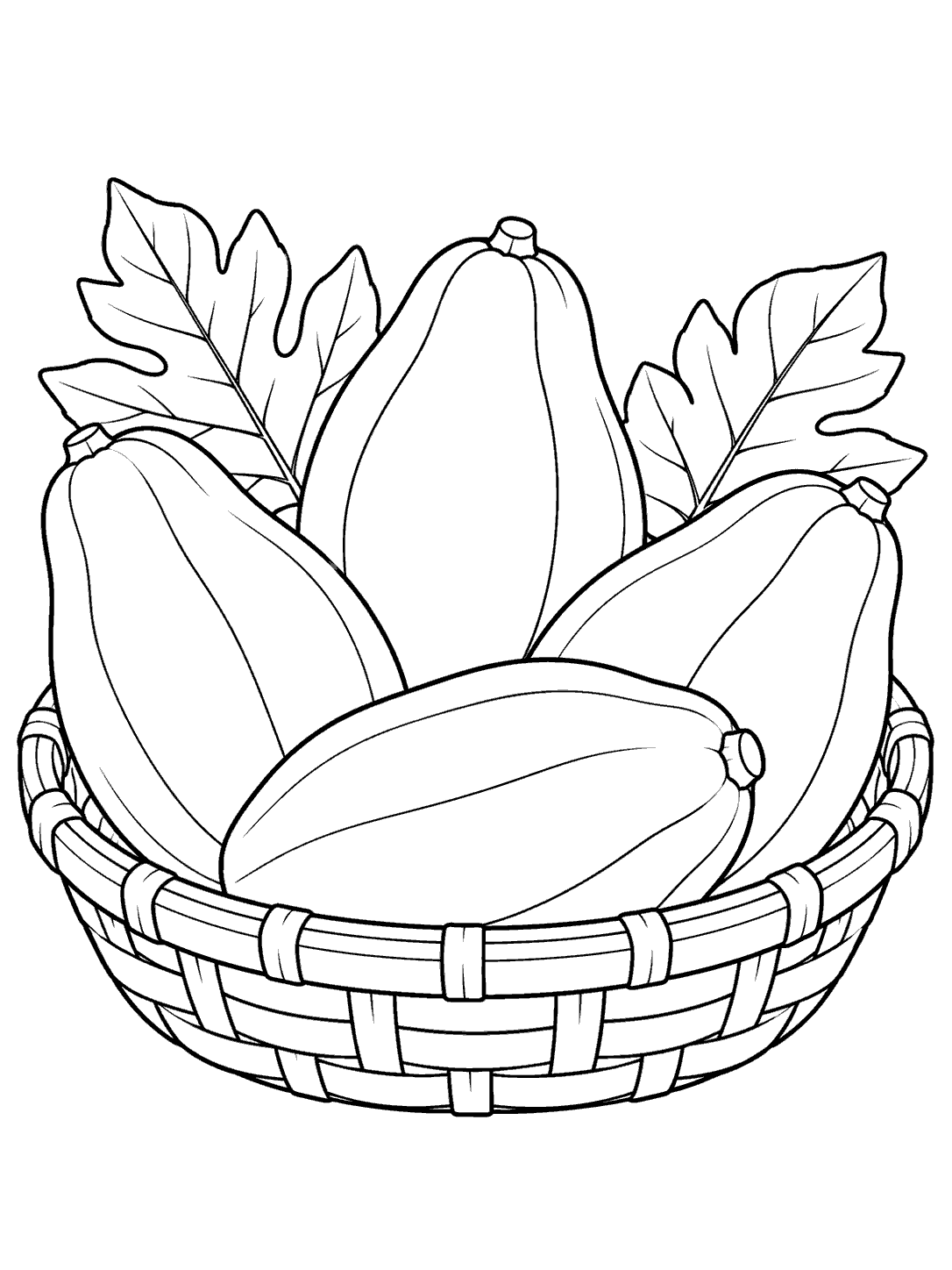 Black outline coloring page of four papayas and two leaves in a woven basket
