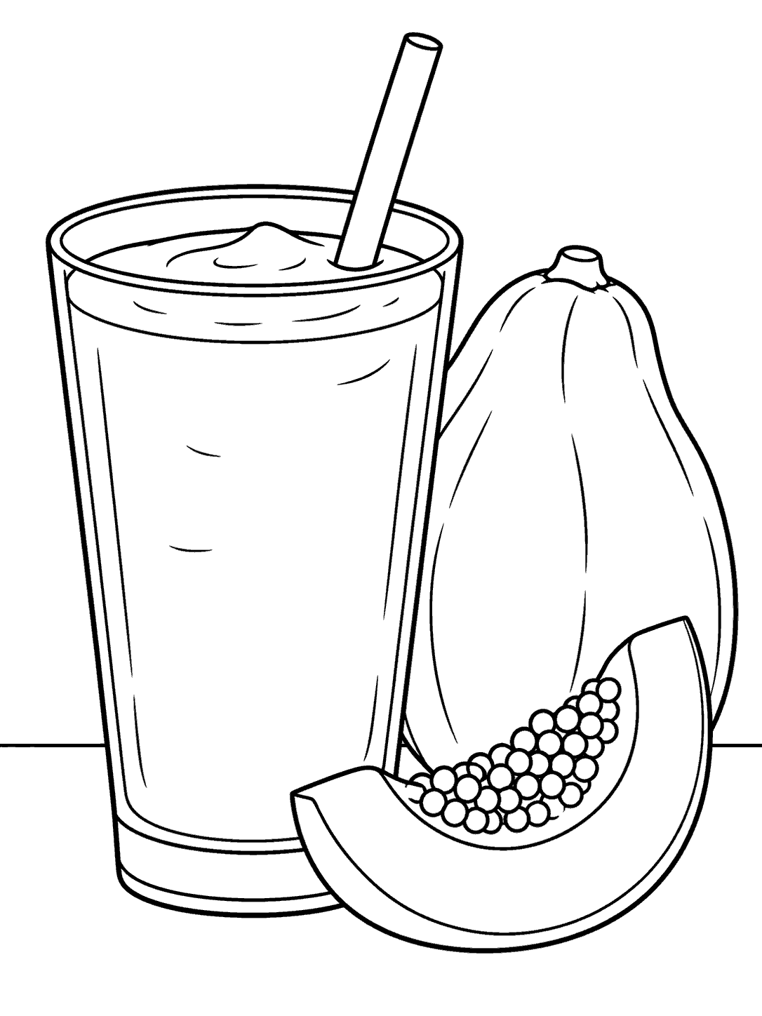 Black outline coloring page of a papaya smoothie glass with a straw, whole papaya, and cut slice.