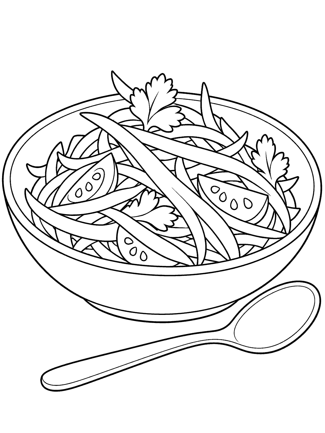 Wide bowl of papaya salad with leafy garnish and a spoon, shown as a black-outline coloring page.