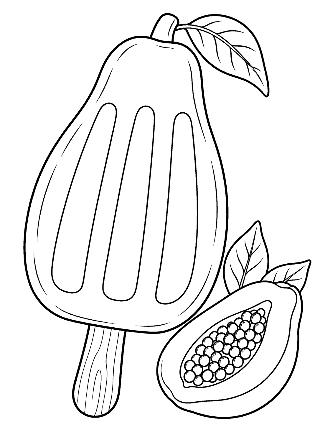 Black-outline coloring page of a large papaya-shaped frozen bar on a wooden stick, with a leaf detail and papaya half beside it.