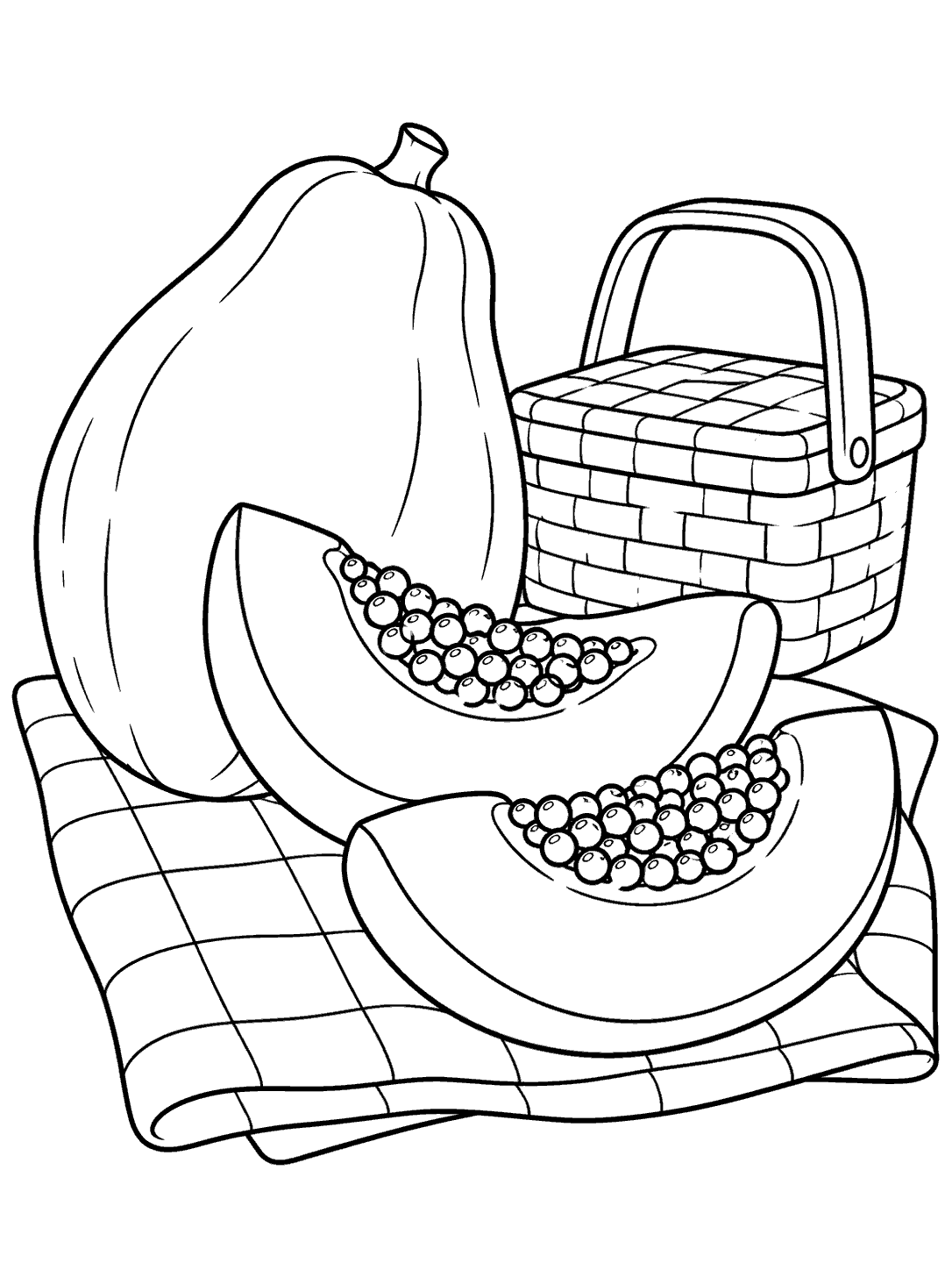 Black-outline coloring page showing a whole papaya and two seeded slices on a checked cloth beside a picnic basket.
