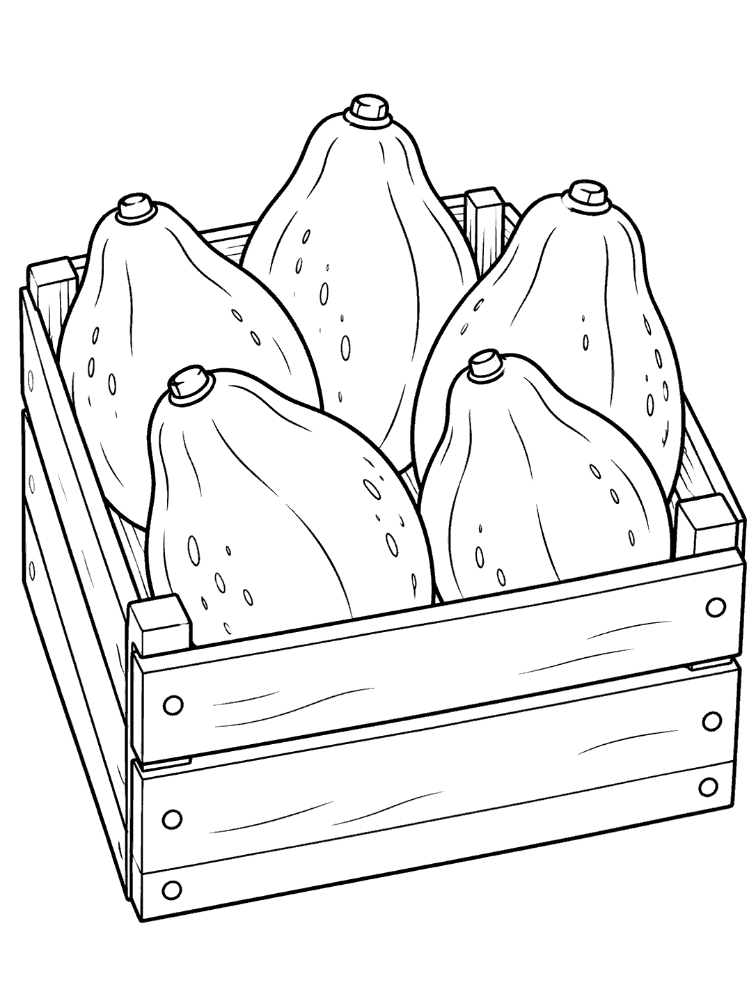 Printable black-outline coloring page showing five whole papayas in a wooden crate