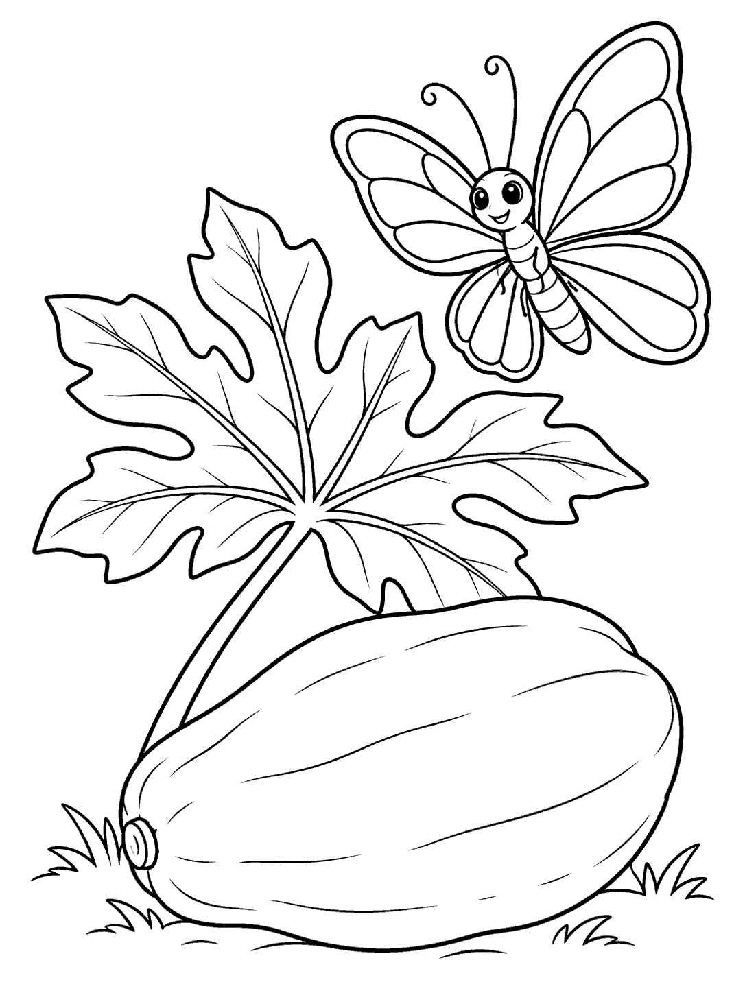 Friendly butterfly hovering above a broad papaya leaf, with a whole papaya resting on the ground in a printable coloring page.