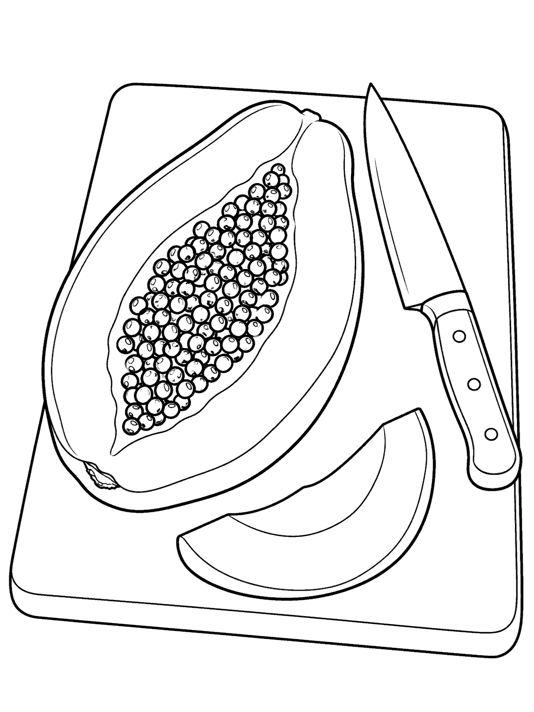 Papaya half with visible seeds, a slice, and a knife on a cutting board coloring page