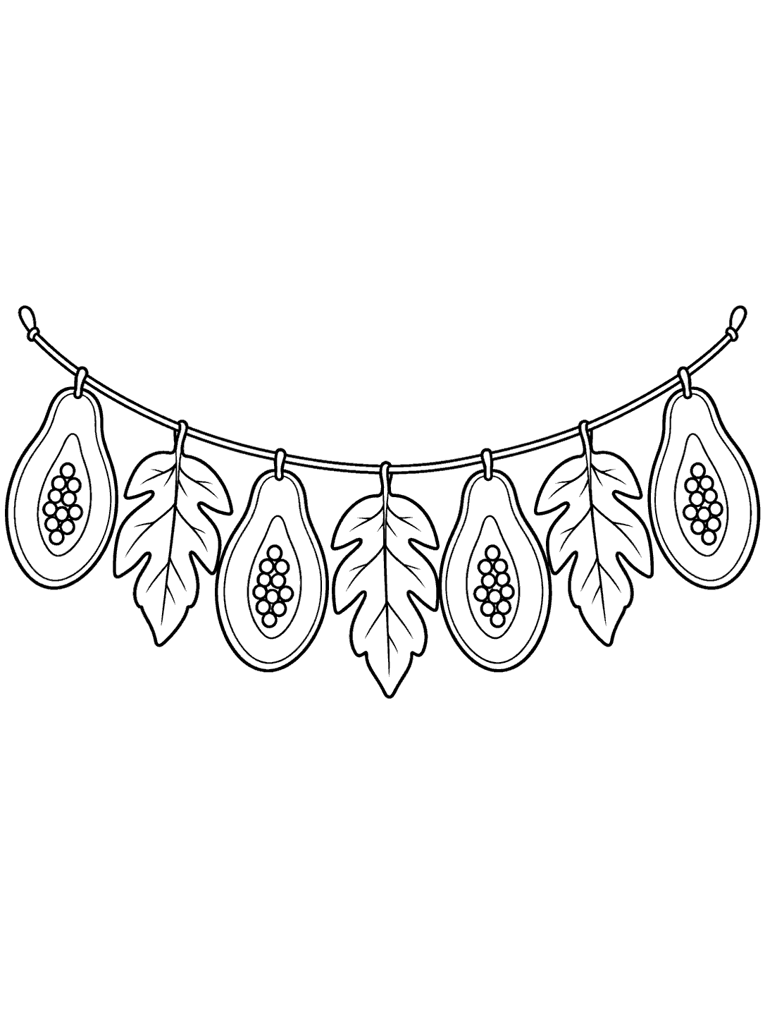 Black-outline coloring page of four papaya slices and three leaves hanging from a curved string.