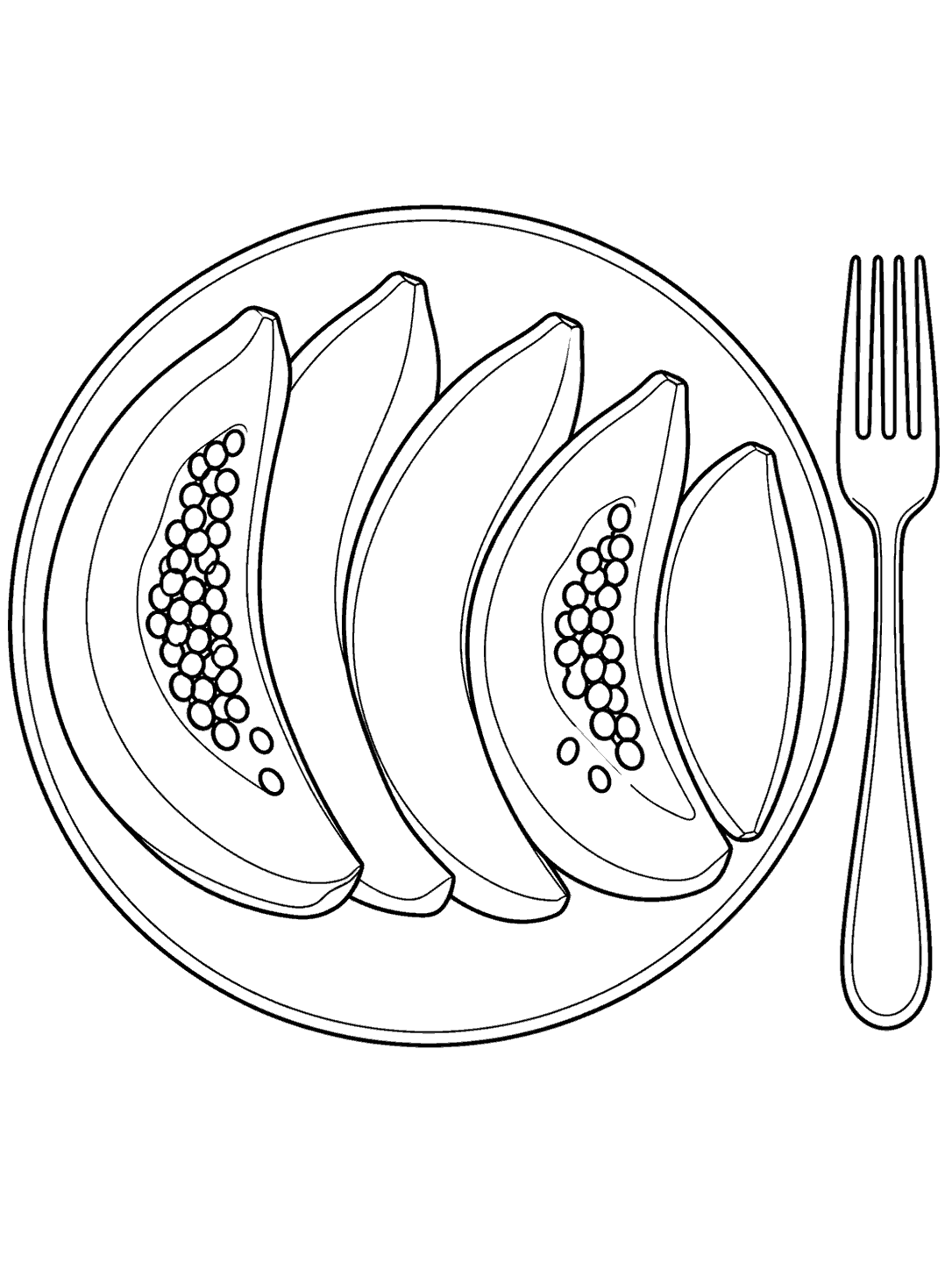 Five papaya slices, two with seeds, arranged on a round plate beside a fork in a printable coloring page.