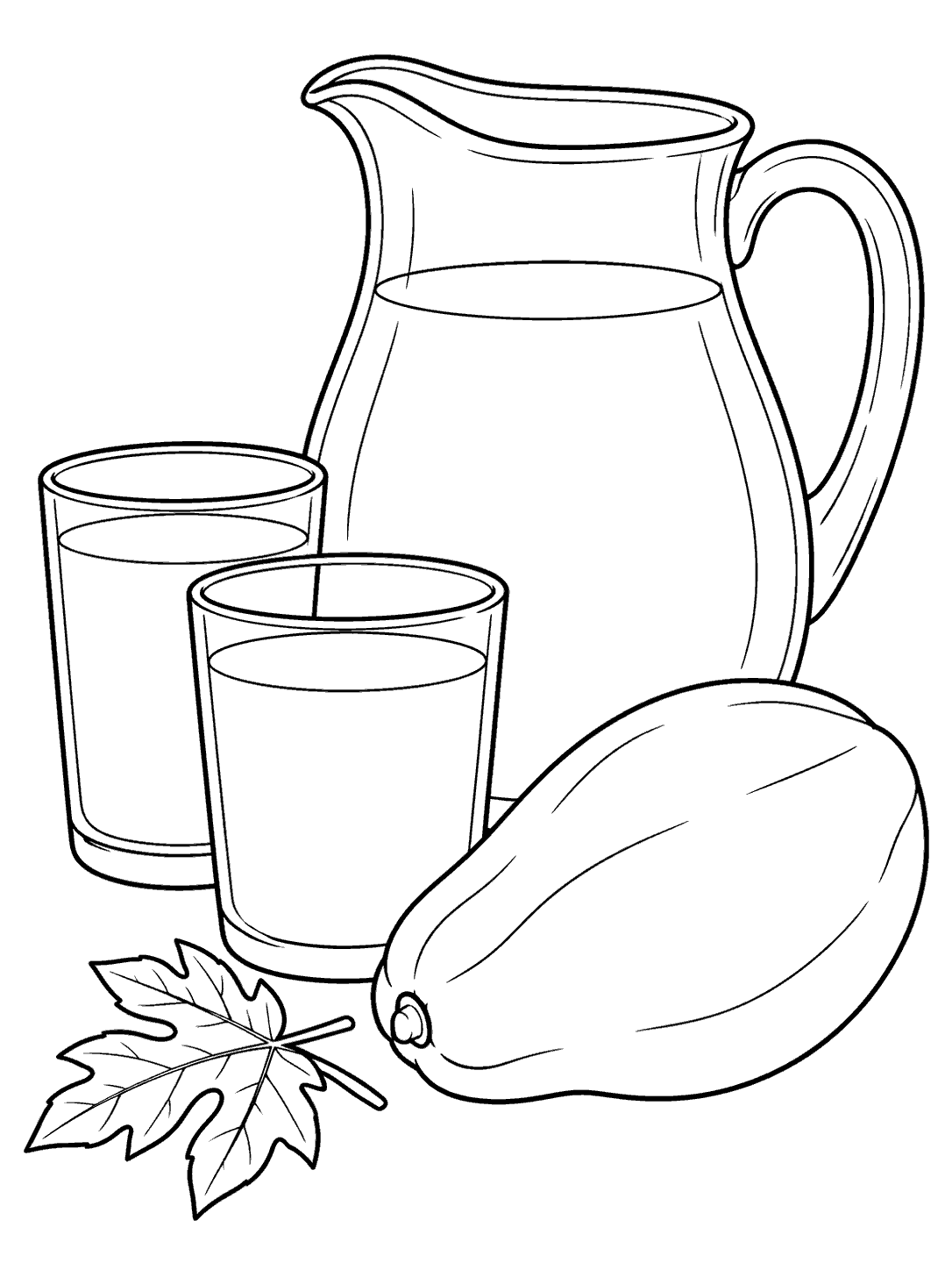 Black-outline coloring page with a handled pitcher of papaya juice, two glasses, a whole papaya, and a leaf.