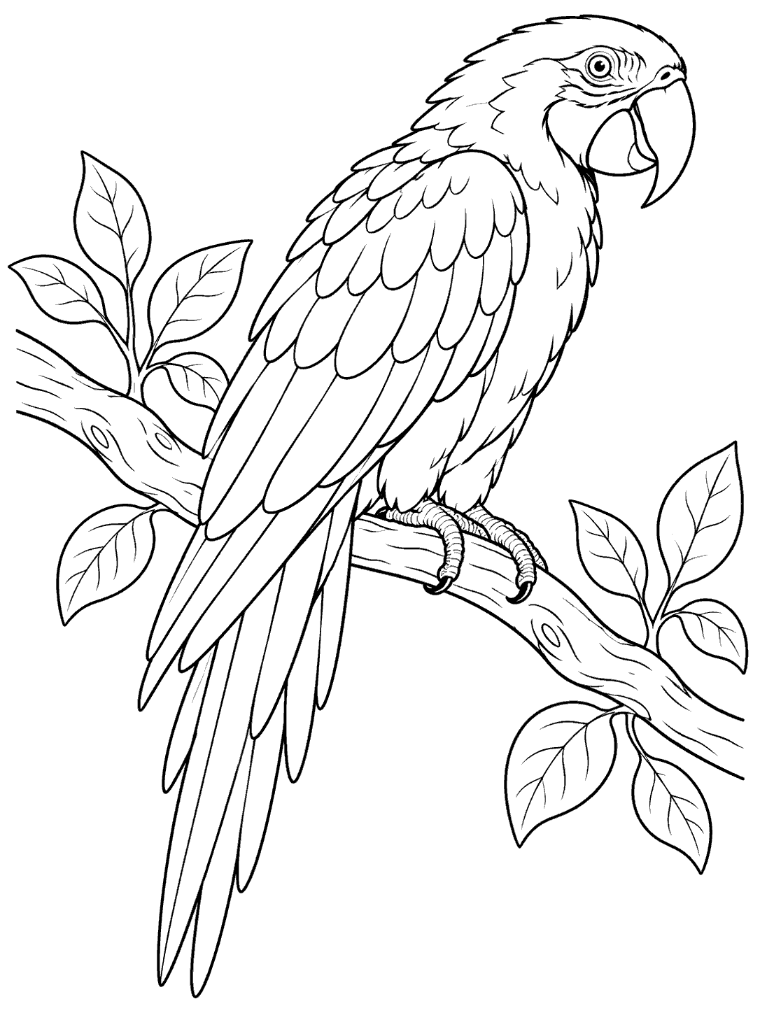 Black-outline parrot coloring page showing a large side-facing macaw with layered feathers and a long tail perched on a leafy branch.