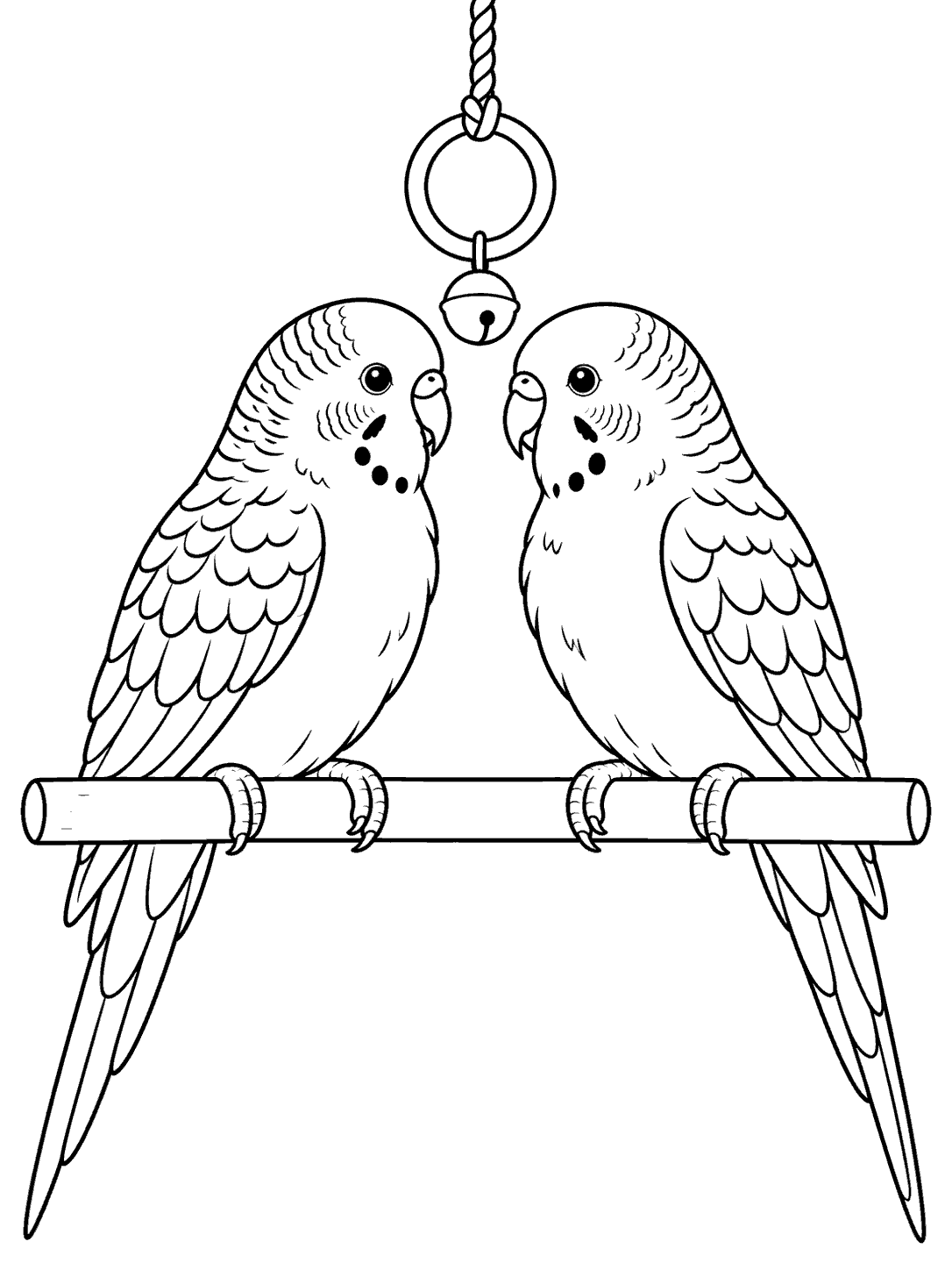 Black-outline coloring page of two budgies facing each other on a straight perch, with a hanging toy ring above them.