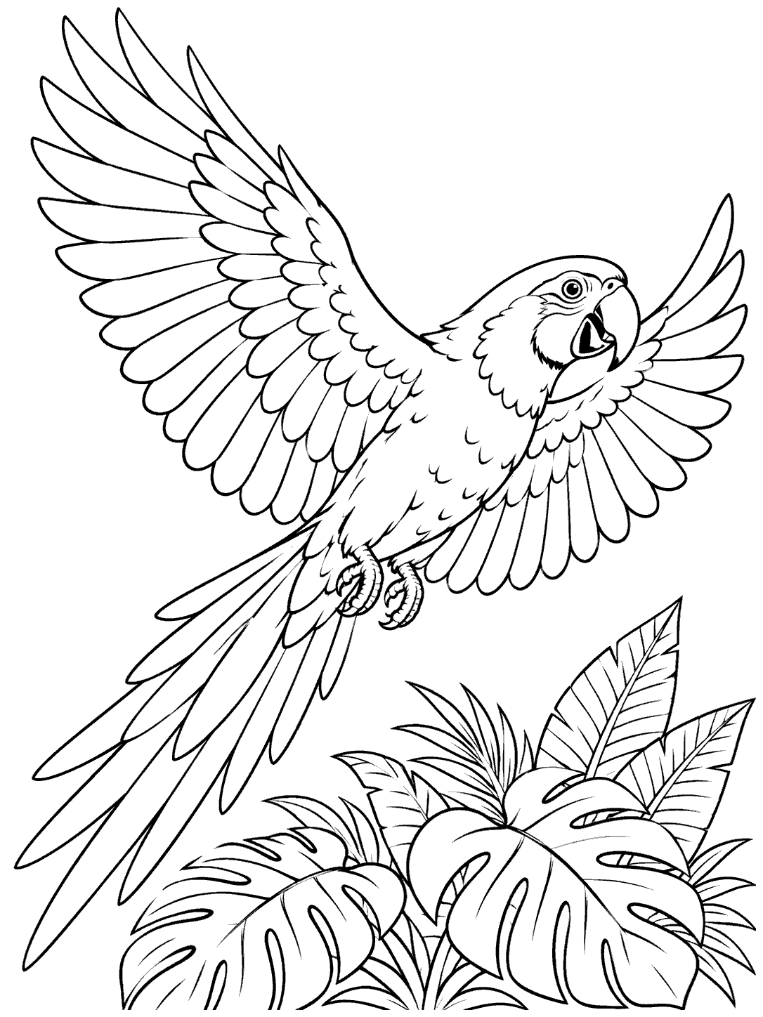 Parrot coloring page showing a flying bird with wide-spread wings and a long trailing tail above tropical leaves.