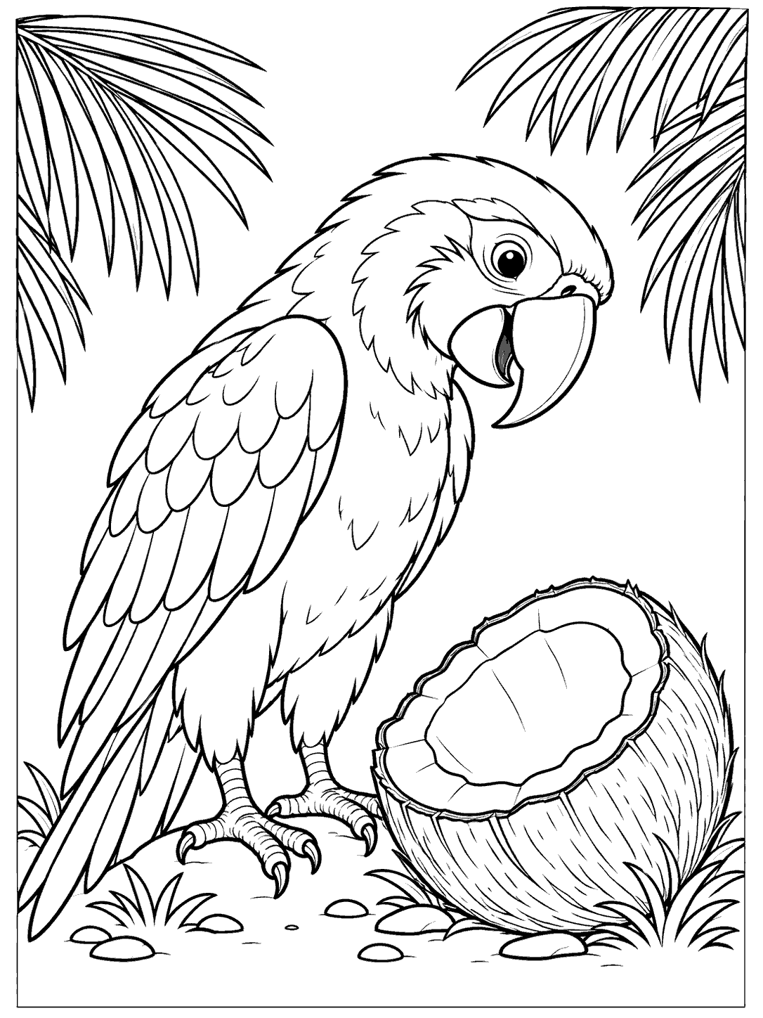 Black and white parrot coloring page showing a parrot beside a split coconut, framed by palm fronds.