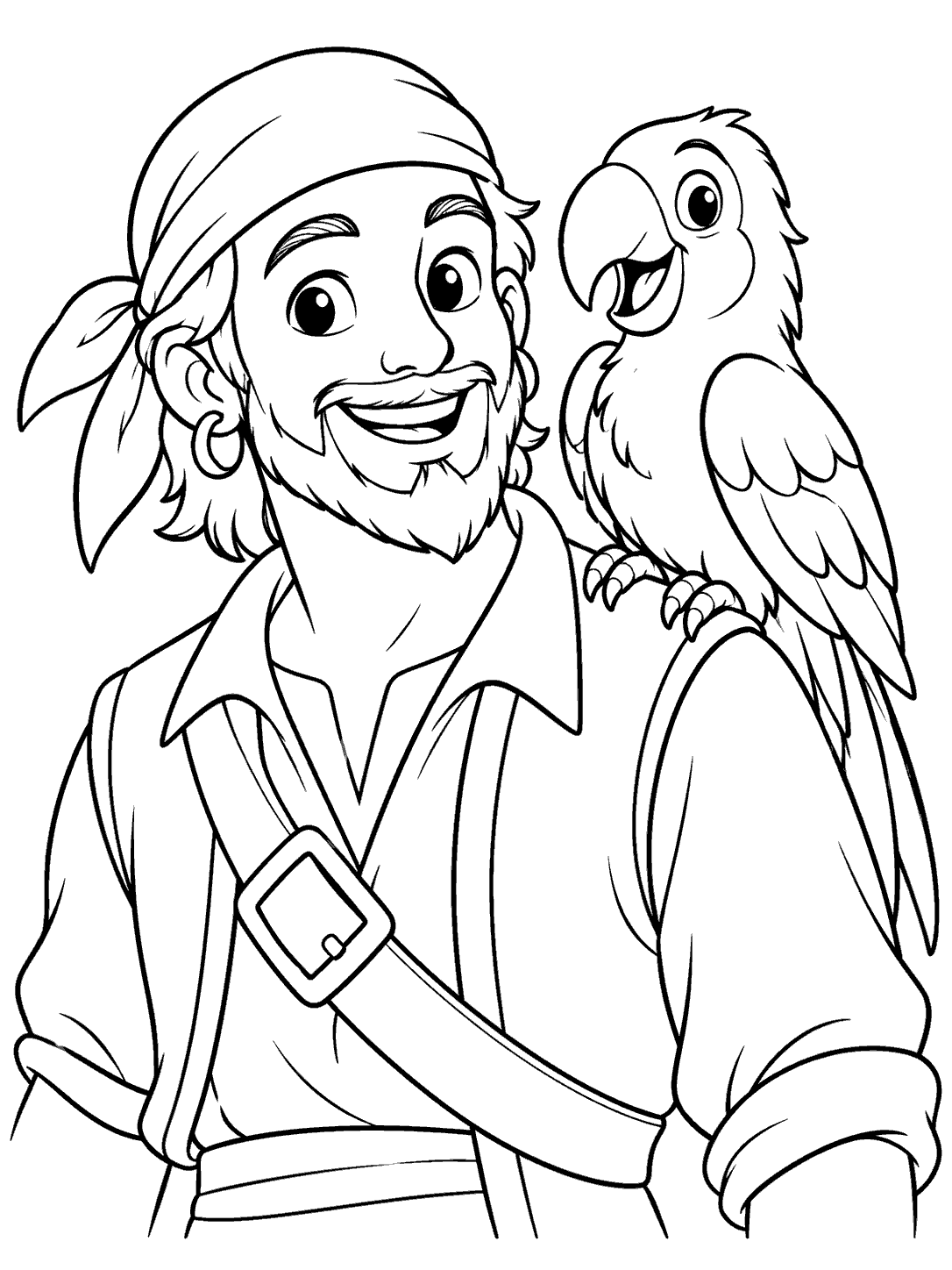 Black-and-white parrot coloring page showing a friendly bird perched on a smiling pirate’s shoulder; the pirate wears a bandana and earring.