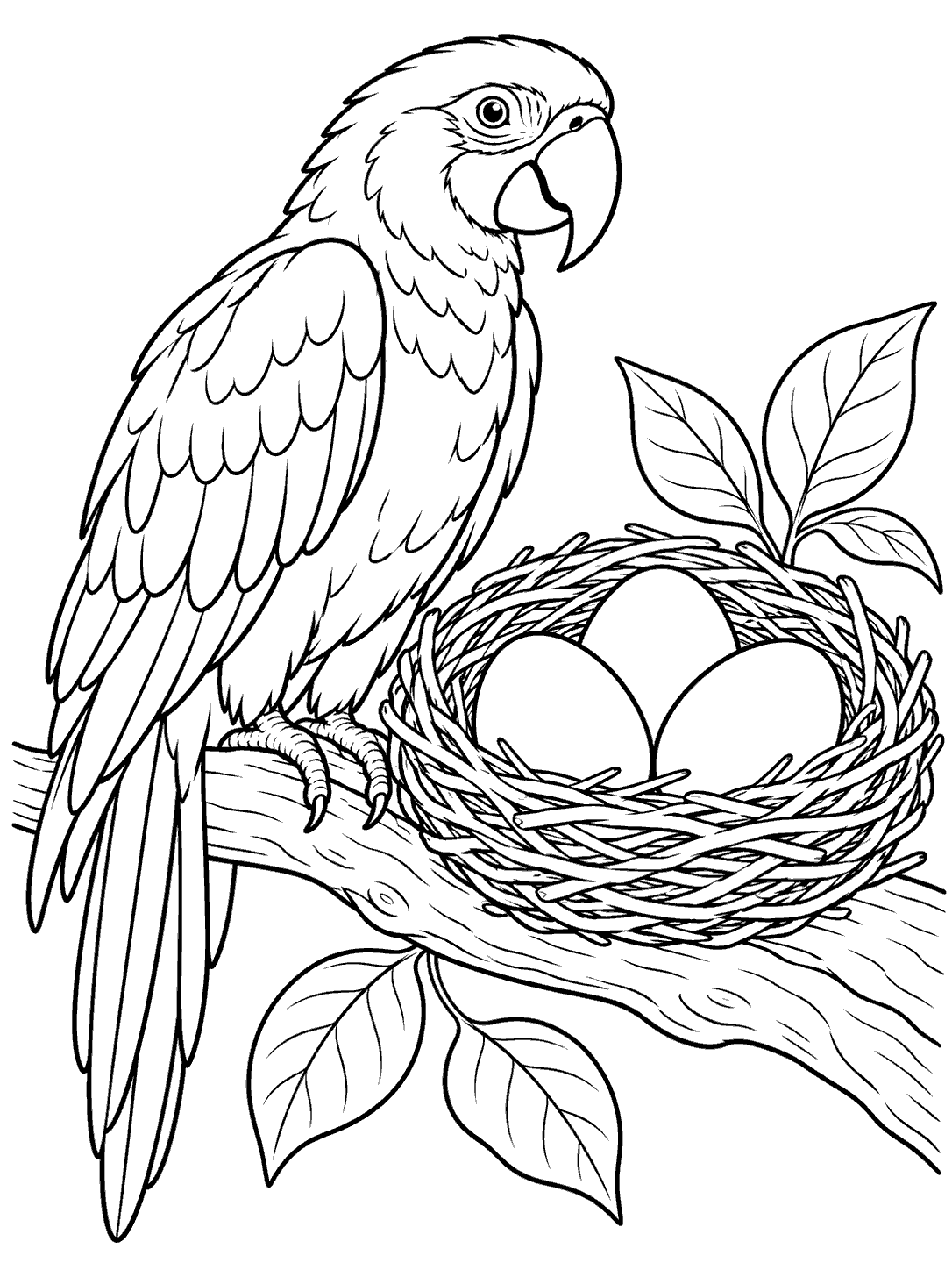 Black-and-white parrot coloring page showing a large parrot beside a woven nest with three eggs on a leafy branch.